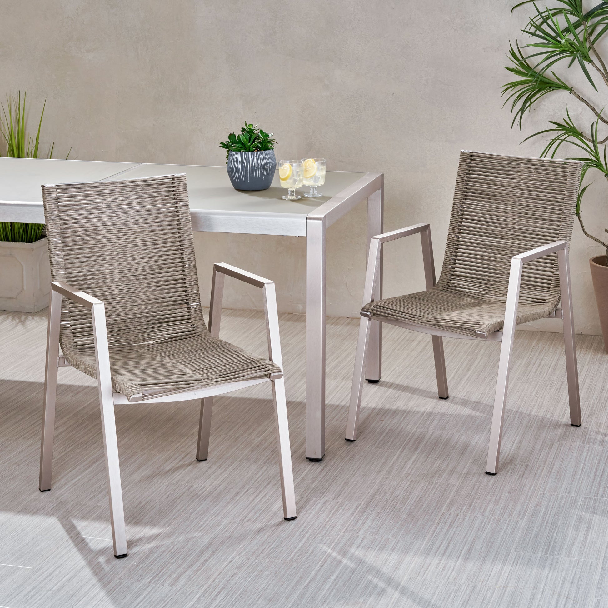 Outdoor Modern Aluminum Dining Chair With Rope Seat Set Of 2 , Silver And Taupe Taupe Aluminium