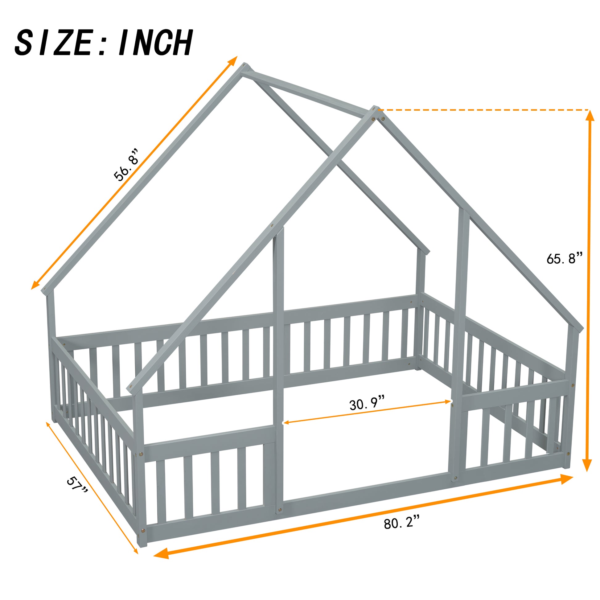 Full Wood House Shaped Floor Bed With Fence, Guardrails,Grey Full Grey American Design Pine