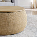 Round Storage Ottoman, Woven Rattan Fabric Ottoman, 2 In 1 Function, Work As End Table And Ottoman,With Small Seat Nature 25
