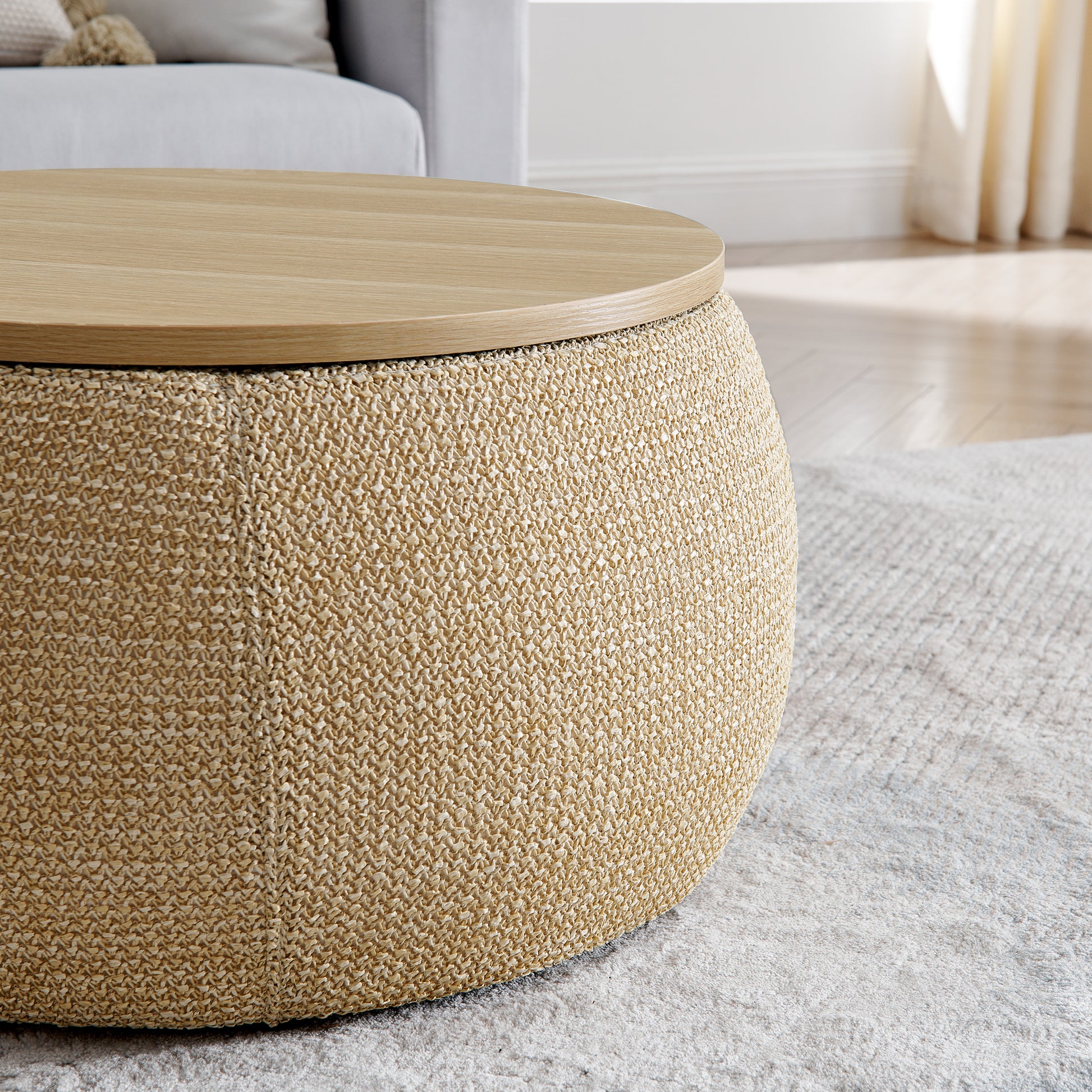 Round Storage Ottoman, Woven Rattan Fabric Ottoman, 2 In 1 Function, Work As End Table And Ottoman,With Small Seat Nature 25"X25"X14.7" Natural Foam