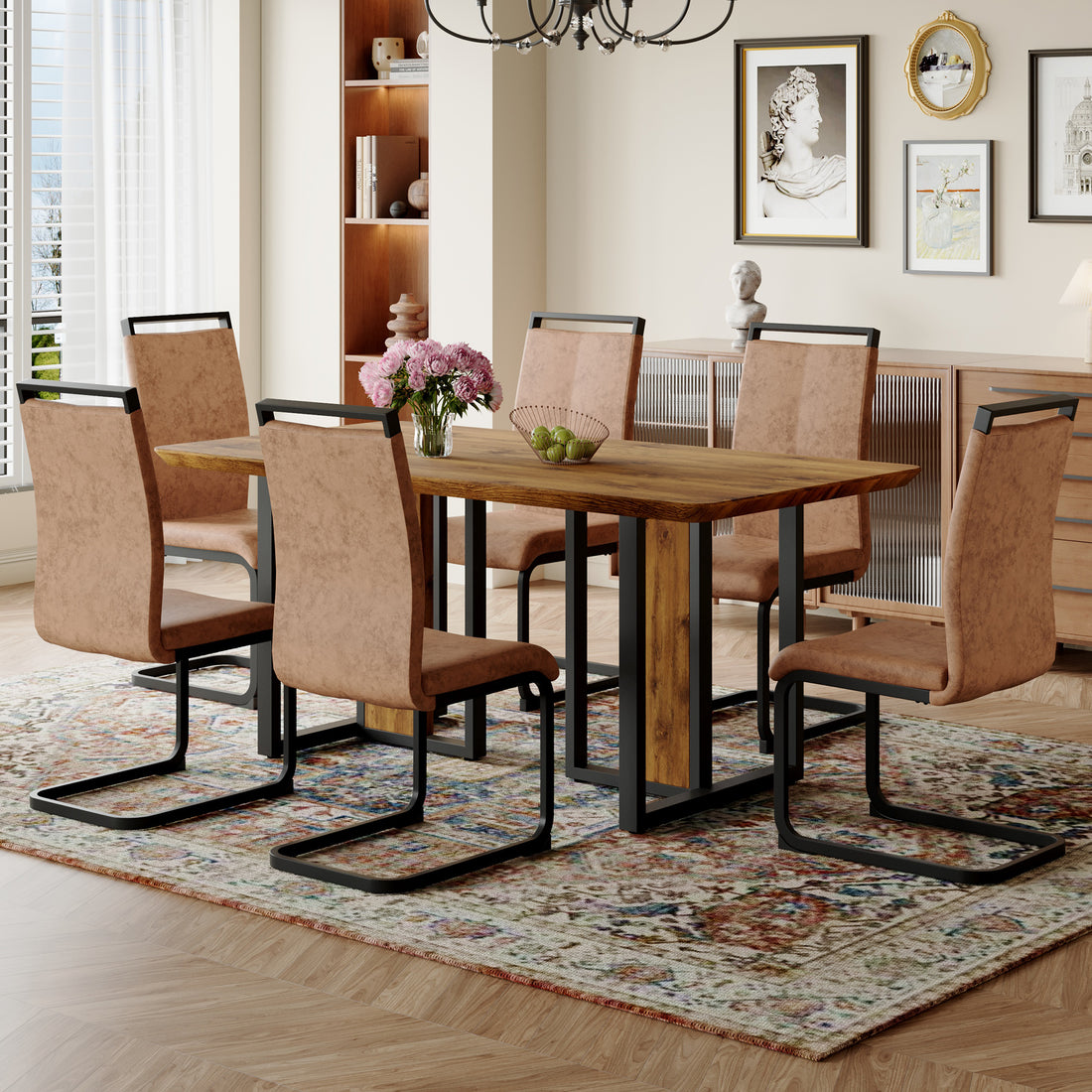 Table And Chair Set.67"X36" Wood Textured Mdf Dining Table Set With 6 Brown Fabric Chairs.Mdf Sticker,Wood Colored Texture Sticker,Black C Tube Dining Chair Legs,Suitable For Kitchen,Dining