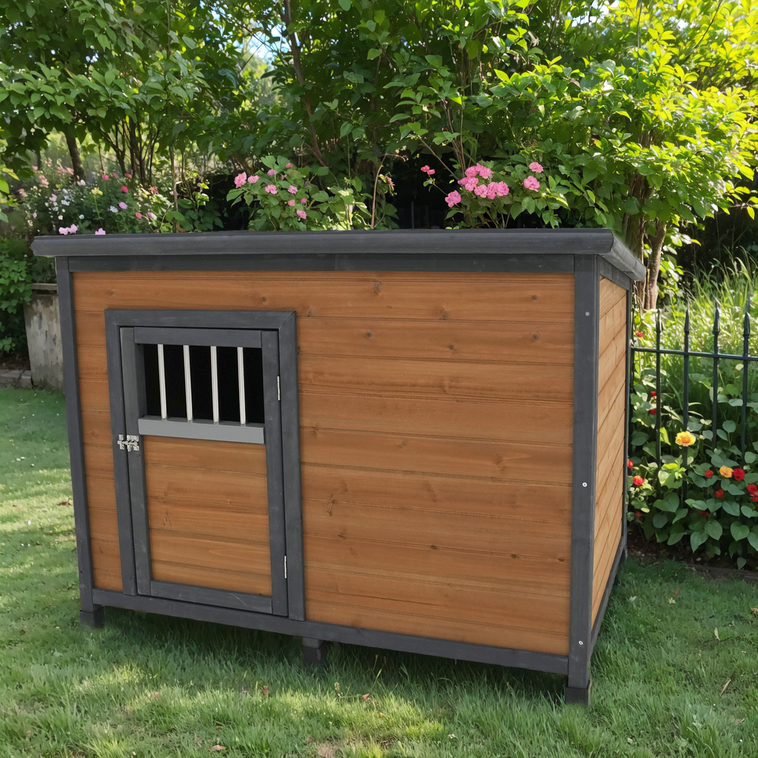 45"Large Solid Wood Dog House, Waterproof Pvc Plastic Roof, Wooden Doors Gray Yellow Solid Wood