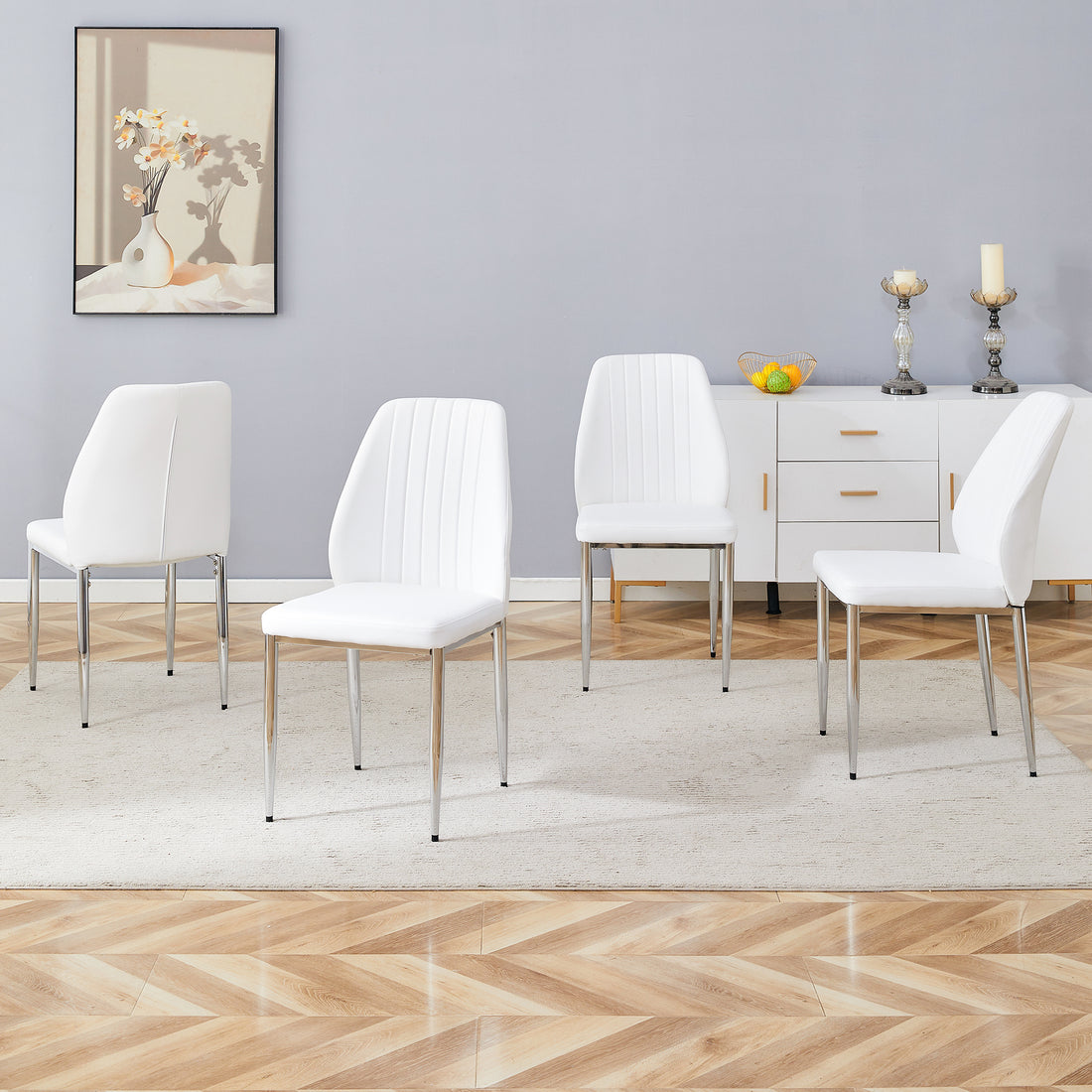 Set Of Four White Pu Comfort Dining Chairs 17.7"X25" .Dining Chair With Extended Backrest,White Pu,Silver Metal Legs,Suitable For Various Places Such As Family Restaurants, Hotels, Coffee Shops,Etc.