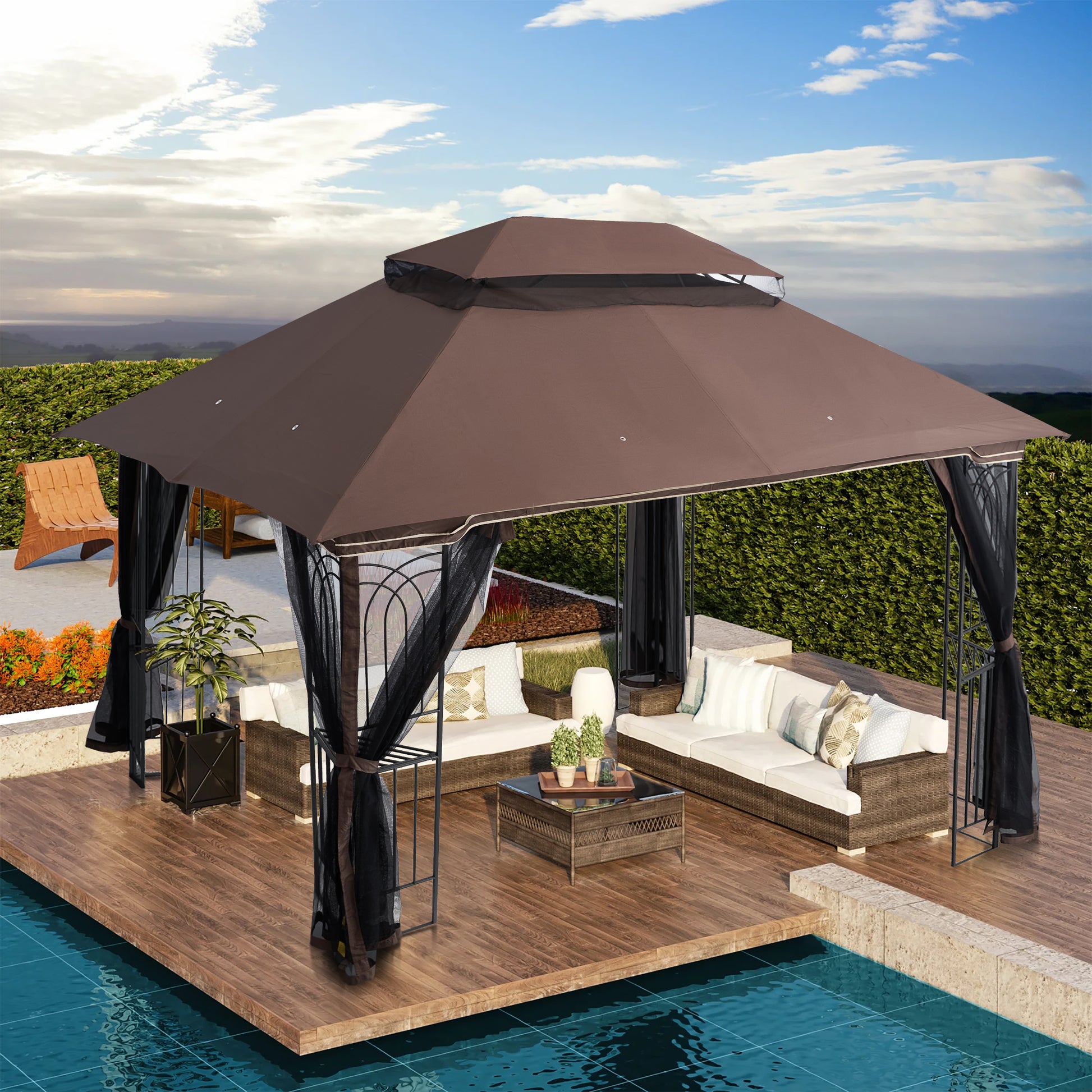 13X10 Ft Patio Double Roof Gazebo Replacement Canopy Top Fabric,Brown Brown Polyester