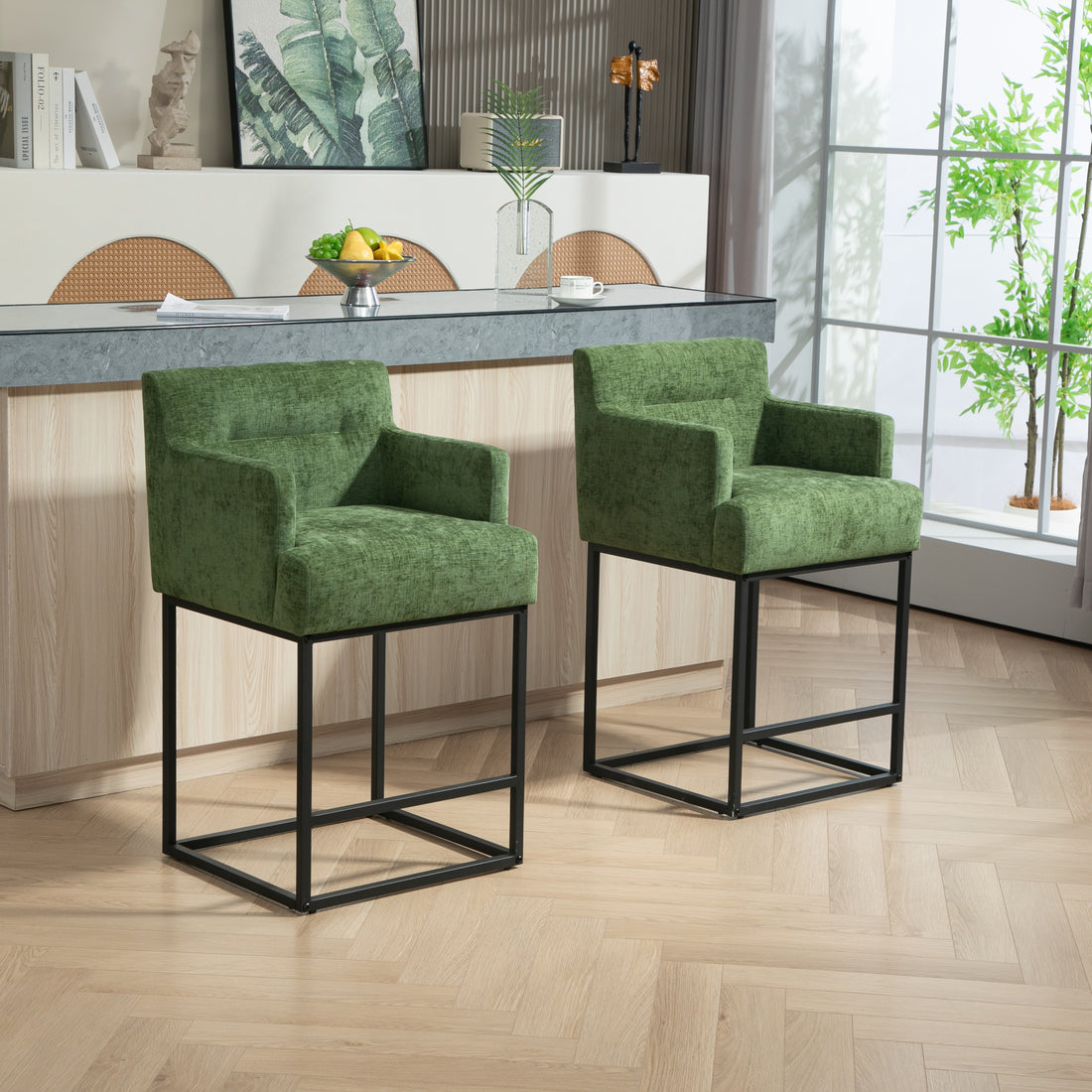 Coolmore Counter Height Bar Stools Set Of 2, Modern Barrel Bar Stool With Backrest And Arms, Black Metal Frames, Upholstered Bar Stools For Kitchen Island, Pub, Club Green Foam Chenille