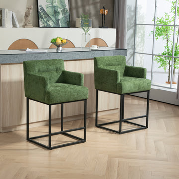 Coolmore Counter Height Bar Stools Set Of 2, Modern Barrel Bar Stool With Backrest And Arms, Black Metal Frames, Upholstered Bar Stools For Kitchen Island, Pub, Club Green Foam Chenille