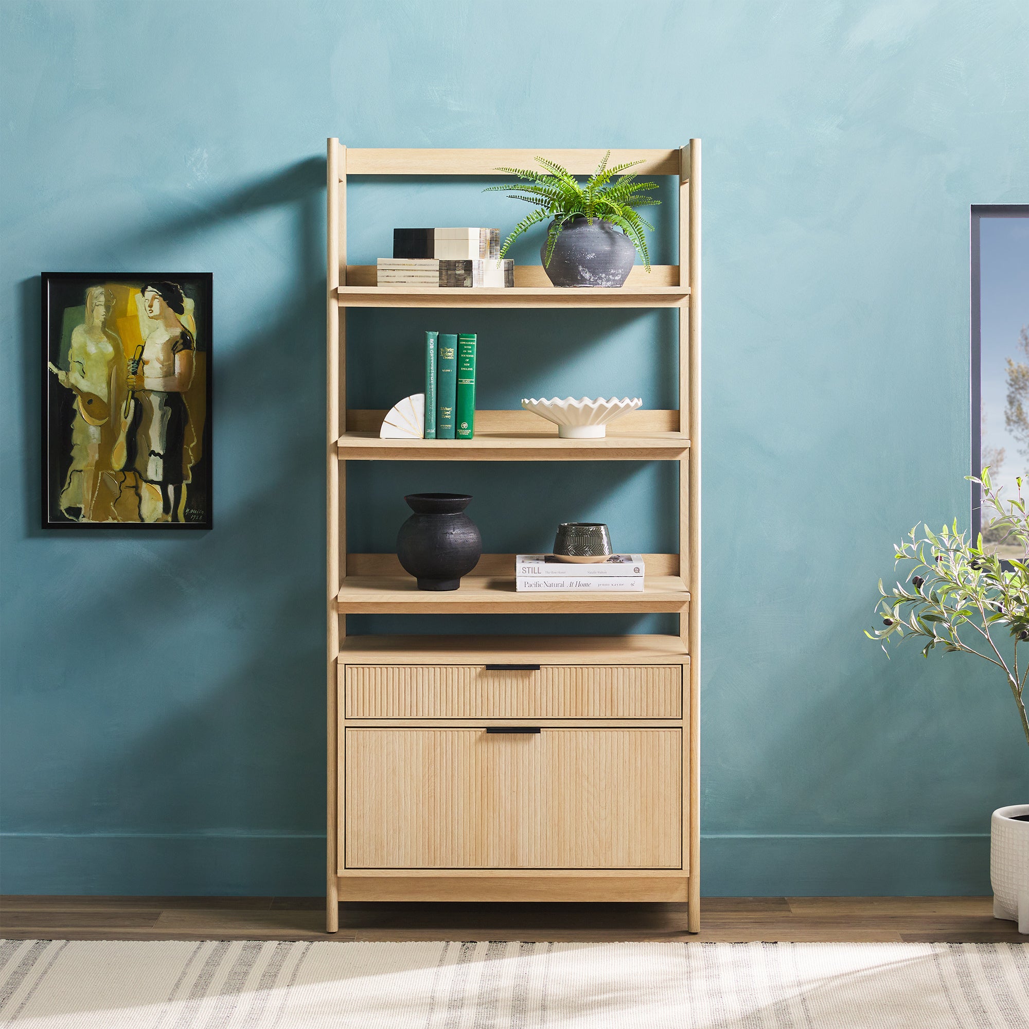 Transitional Wide Reeded Bookshelf With Drawers On Bottom Oak Oak Mdf Mdf