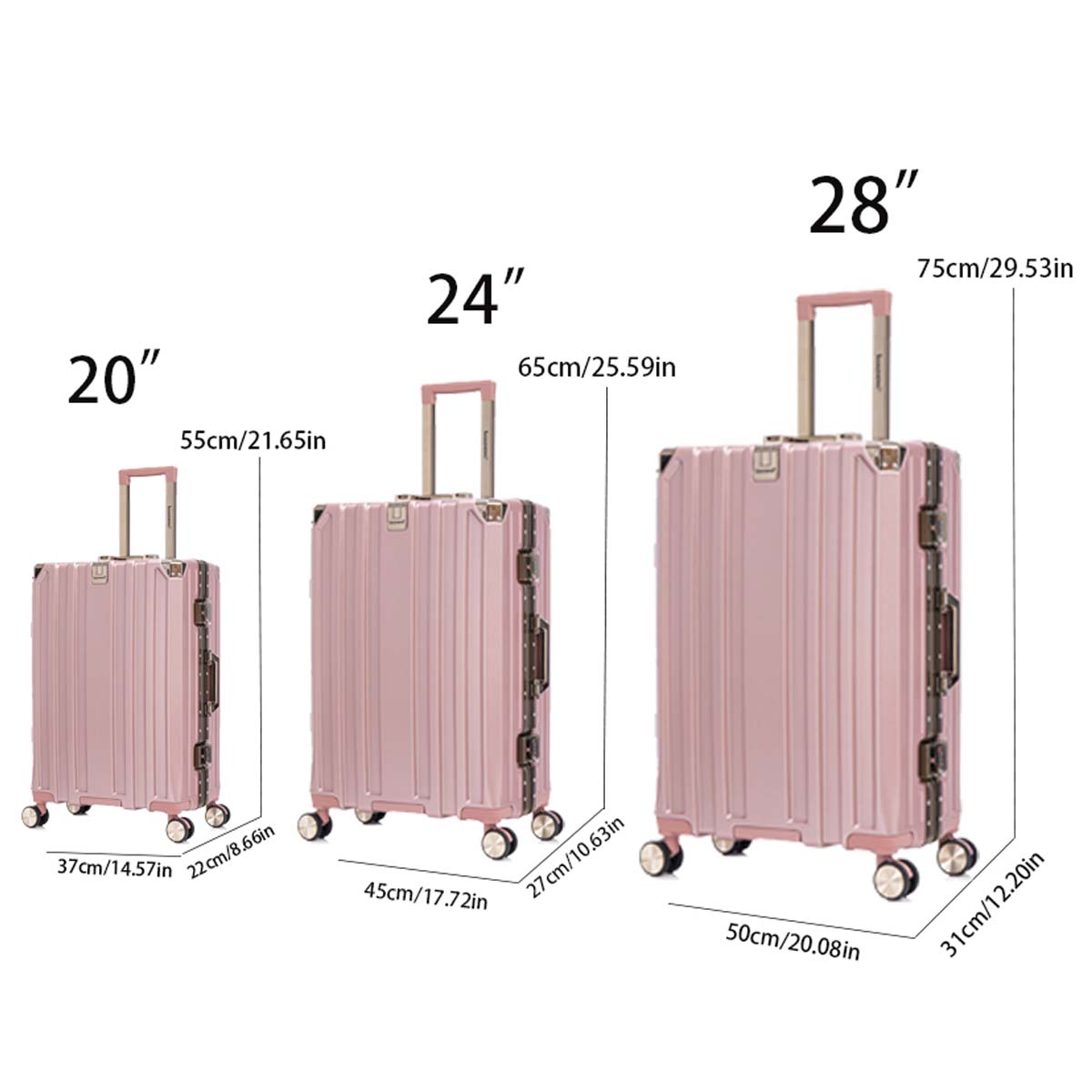 Luggage Sets Expandable Aluminum 20 24 28 Inch Three Model Set, Stylish Suitcase With Aluminum Frame Password Lock, Suitable For Travel Suitcases And Suitcases Pink Contemporary Aluminum