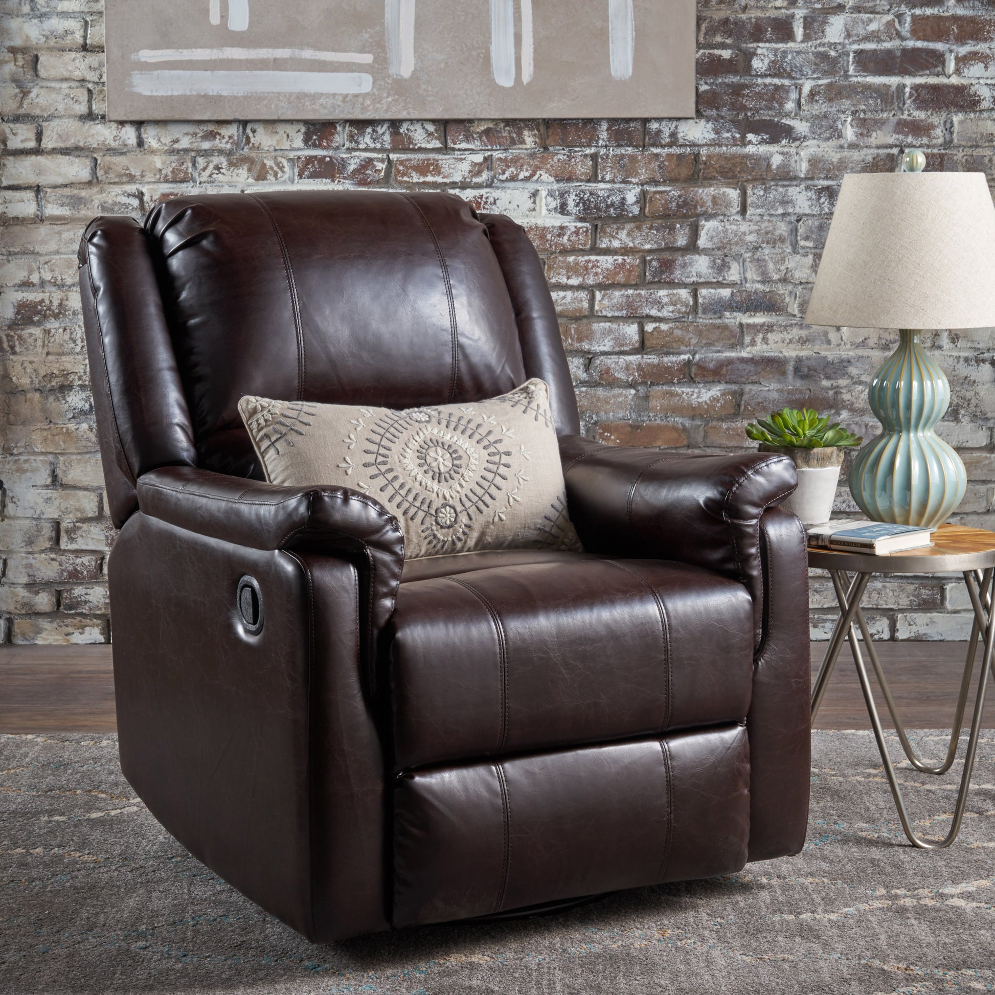 Brown Pu Glider Recliner With Swivel, Manual Reclining Chair Brown Pu