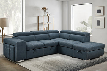 105" Sectional Sofa With Adjustable Headrest ,Sleeper Sectional Pull Out Couch Bed With Storage Ottoman And 2 Stools,Blue Light Brown Wood Primary Living Space Heavy Duty Eucalyptus 5 Seat Blue Microfiber Soft Cushion Back Modern Square Arms Foam