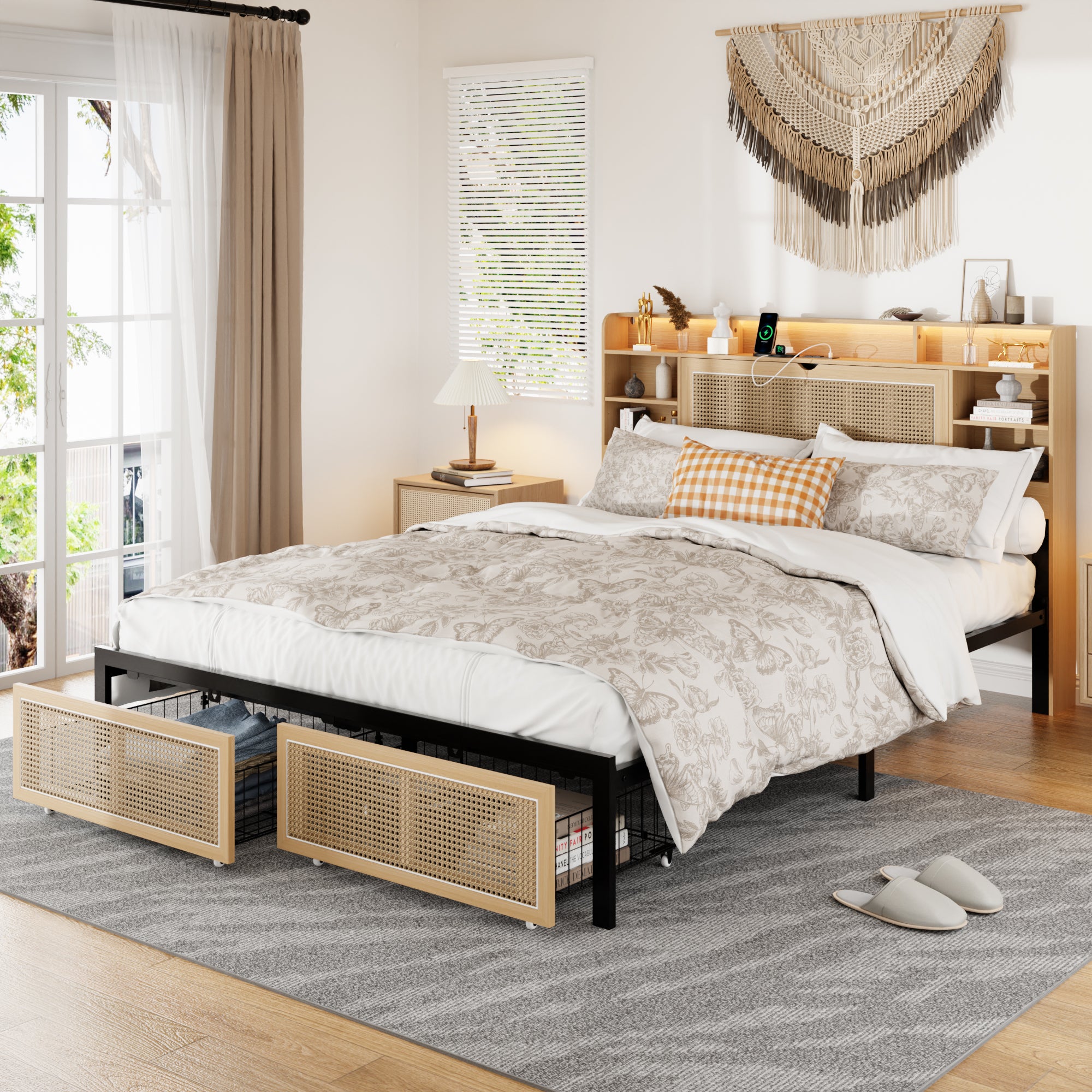 Bed Frame Queen Size With Storage Headboard And 2 Drawers, Upholstered Platform Bed With Charging Station And Led Light, Heavy Duty Frame Support, No Box Spring Needed, Noise Free, Natural Box Spring Not Required Queen Natural Metal Bedroom Modern Bed