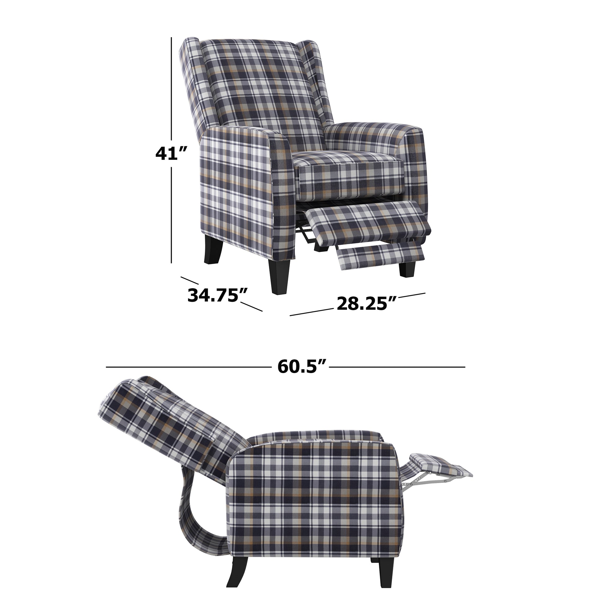 The Savannah Recliner Grey Plaid Velvet Manual Push Back Wood Cushion Back Square Arms Velvet