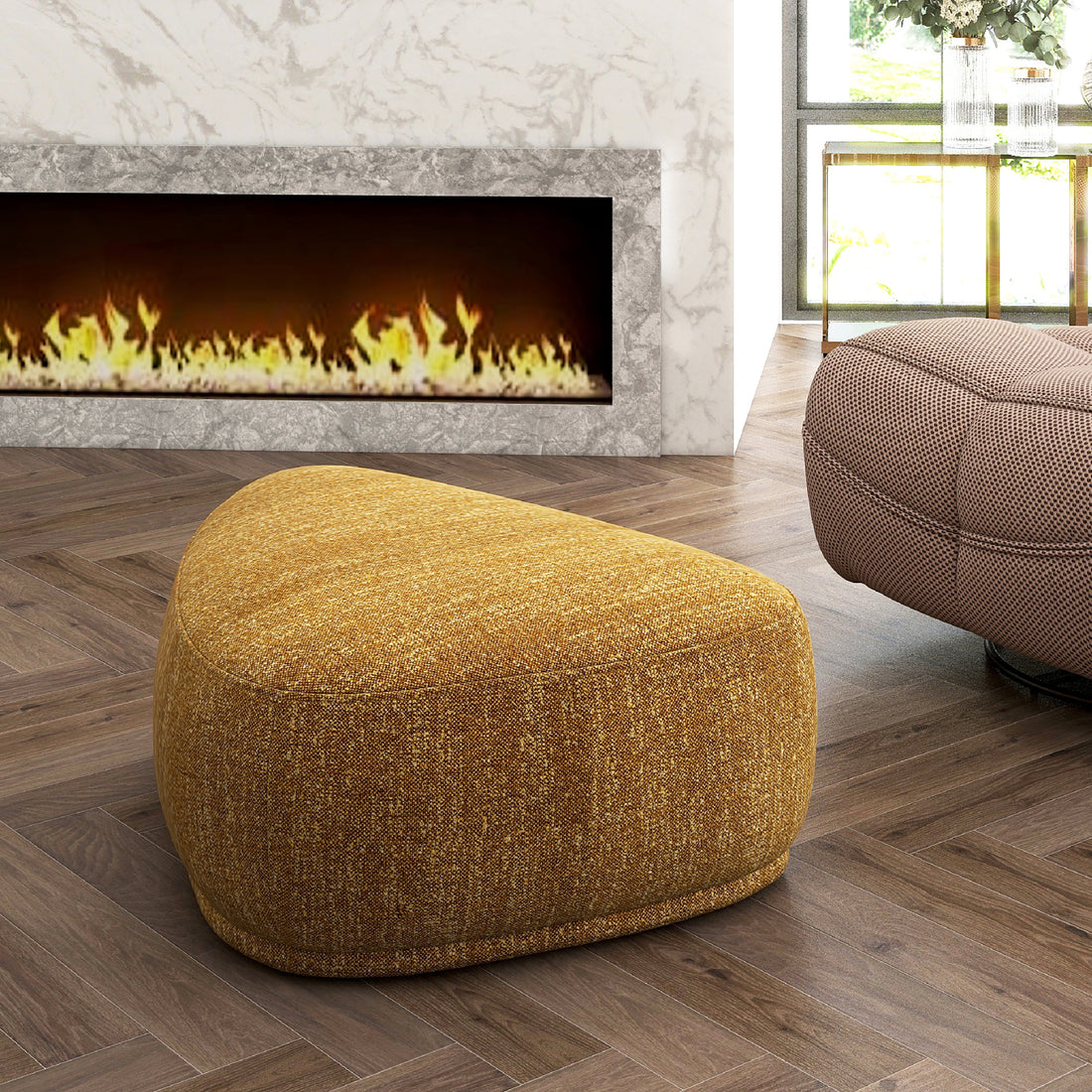 Pebble 44" Rounded Triangle Cocktail Ottoman, Mustard Yellow Tweed Yellow Foam Fabric