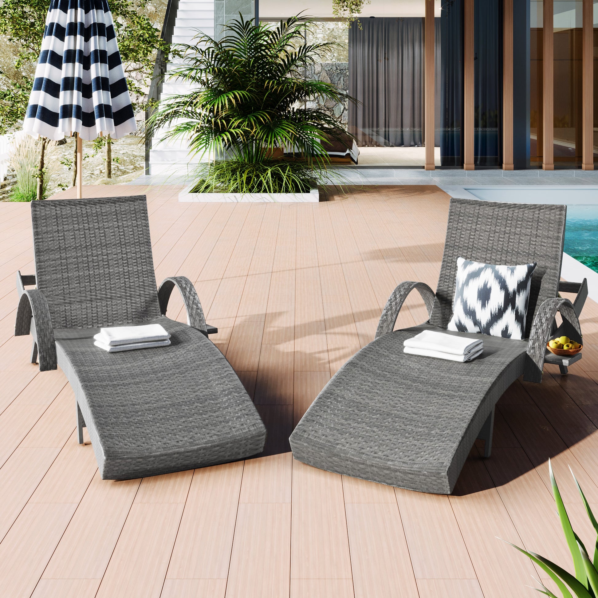 K&K 80'' Outdoor Wicker Chaise Lounge Chairs Set Of 2, Patio Rattan Reclining Chair Pull Out Side Table Adjustable Backrest Ergonomic Wave Design Pool Sunbathing Recliners, Grey No Lounge Grey Seats