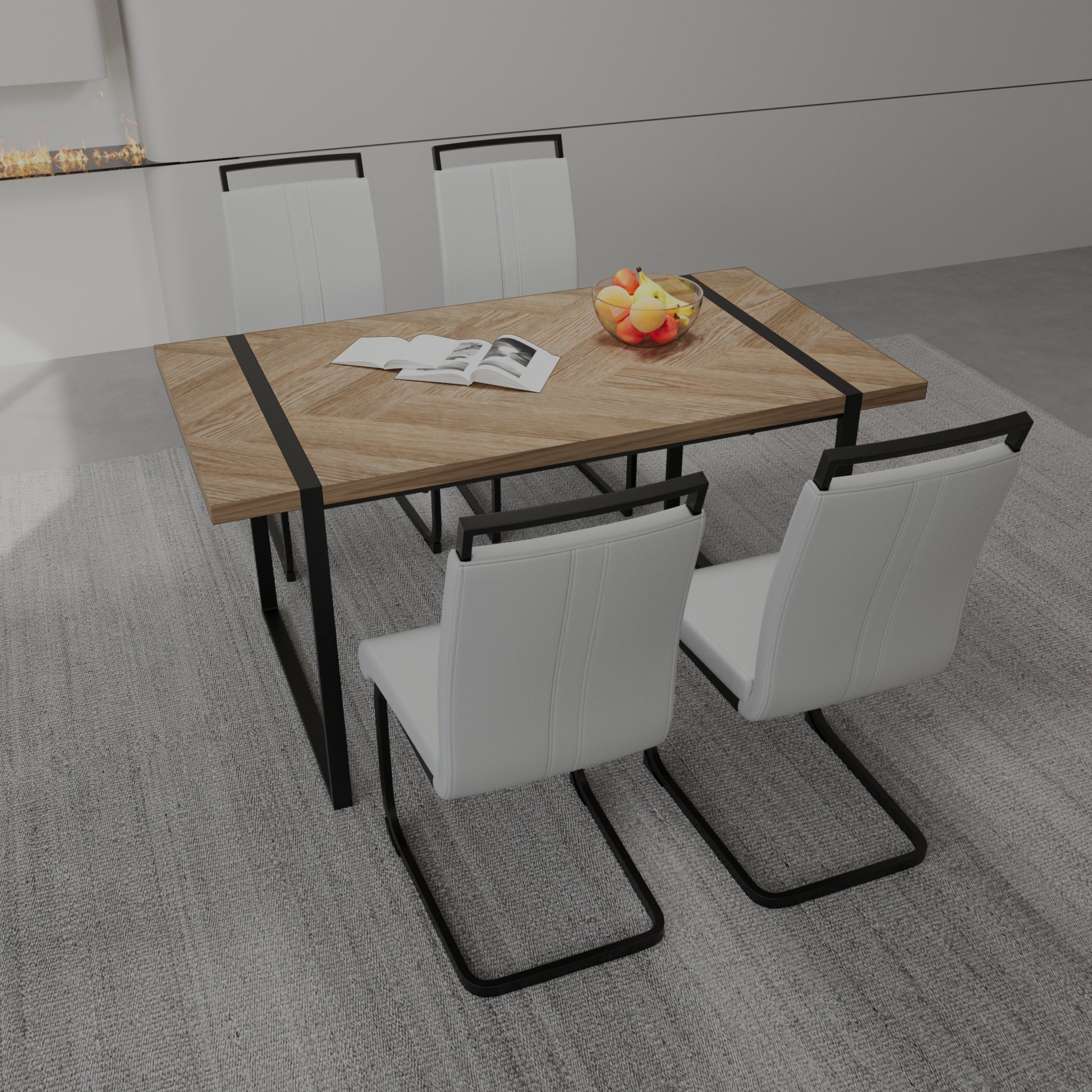 59 "Rural Industrial Rectangular Mdf Light Wood Dining Table Set And Pu Armless Dining Chair Set, 4 Piece. Kitchen Black Metal Table Leg Dining Chair Set White Natural Mdf