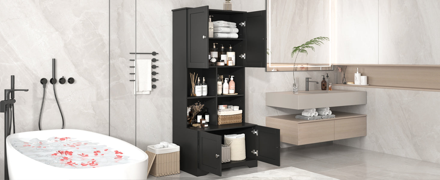 Tall And Wide Bathroom Floor Storage Cabinet, Bathroom Storage Unit, Freestanding Cabinet With 4 Doors, Adjustable Shelves, Open Multi Layer Shelves, Black Black Mdf