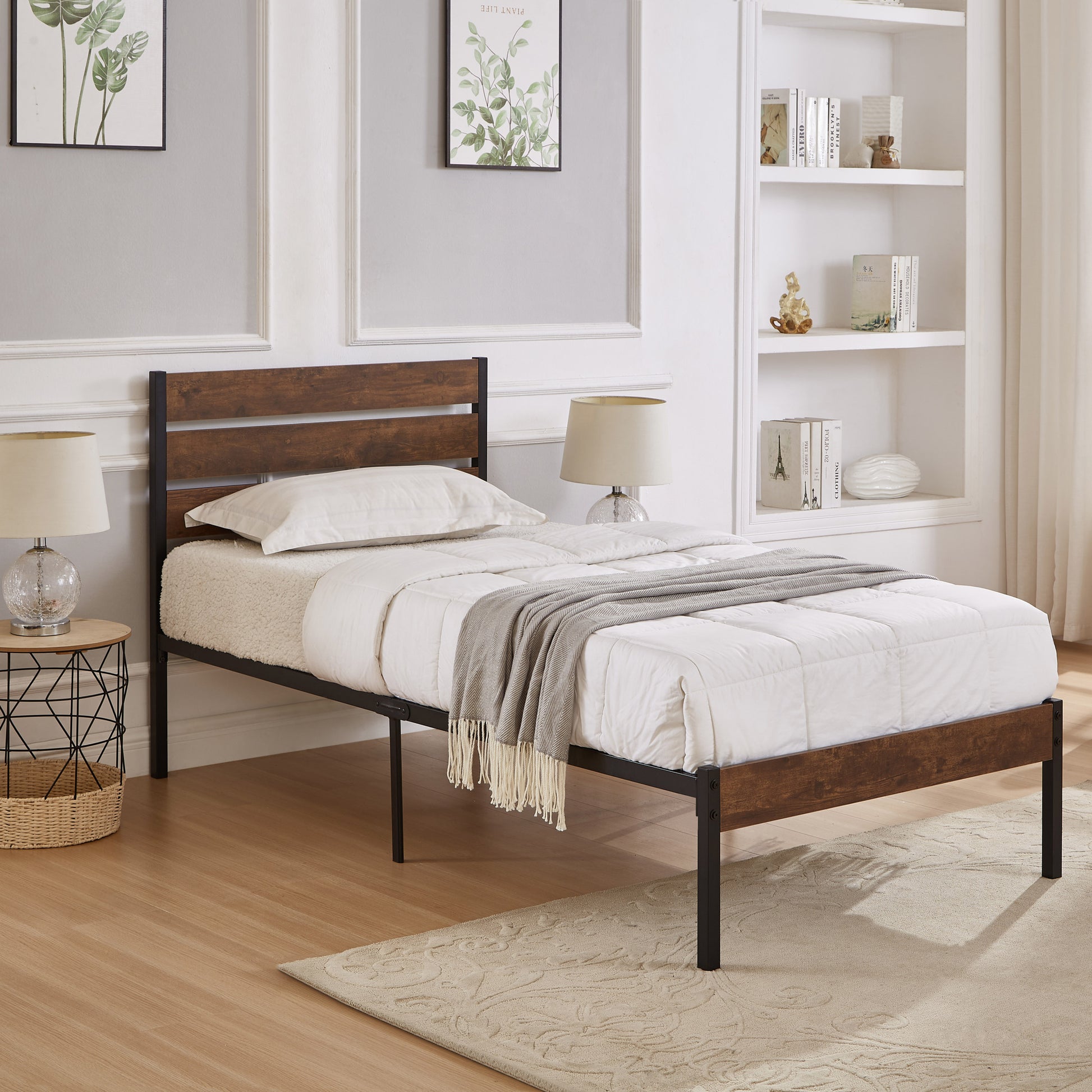 Twin Size Bed Frame With Wood Headboard, Metal Frame With Strong Slats, Noise Free,No Box Spring Needed Brown Twin Brown Metal & Wood