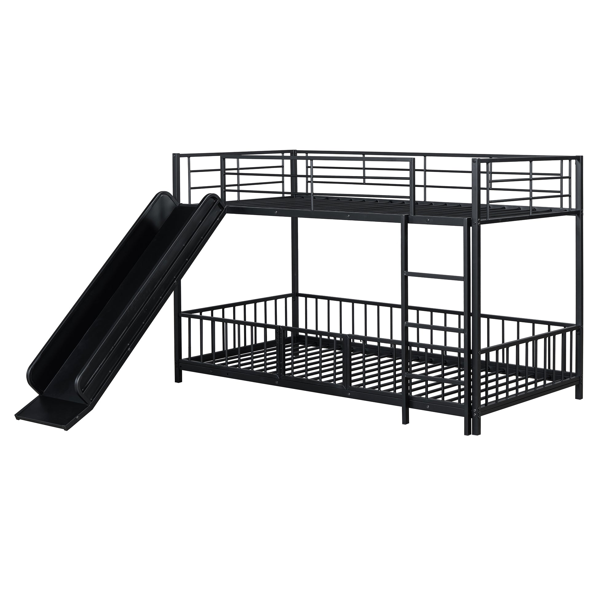 Twin Over Twin Size Metal Bunk Bed With Slide And Guardrails, Black Twin Black Metal