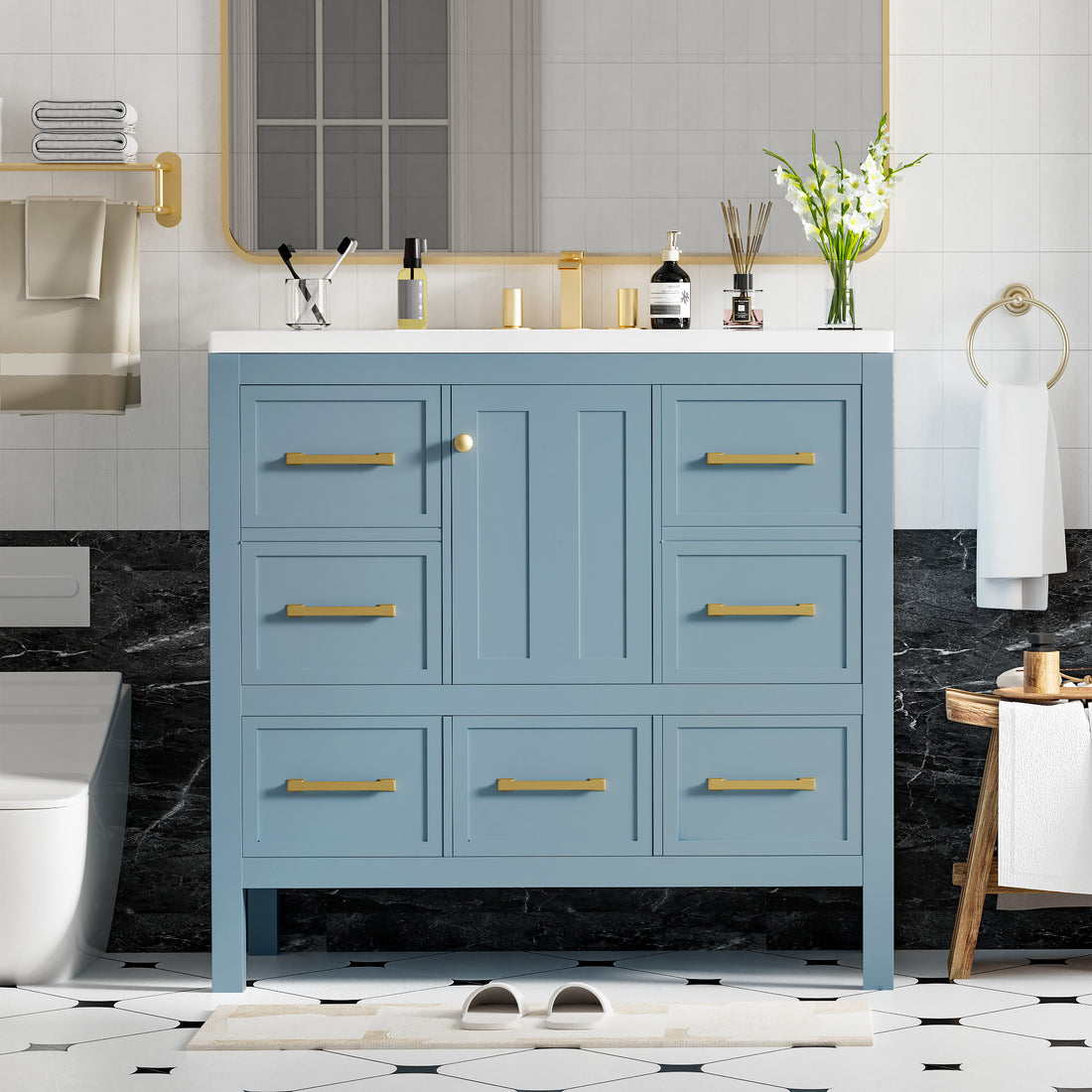 36'' Bathroom Vanity With Resin Sink Combo, Solid Wood Frame Bathroom Storage Cabinet, Freestanding Vanity Set With 5 Drawers& Soft Closing Doors Same As N710S136002M Blue Bathroom Solid Wood Mdf Resin