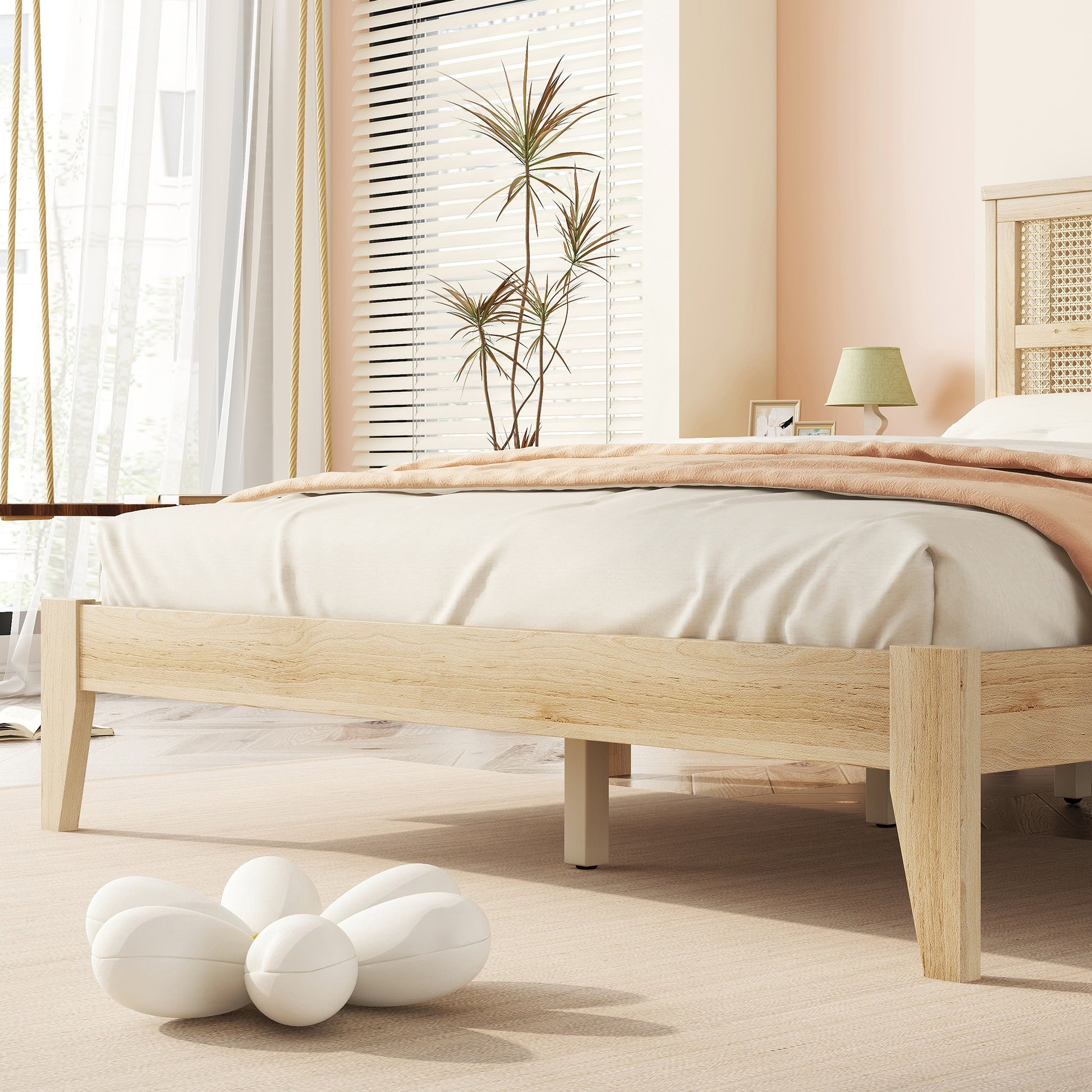 Queen Size Rubber Wooden, Solid Wooden Bed With Rattan Headboard, Enhanced By Support Feet Queen Natural American Design Rubber Wood