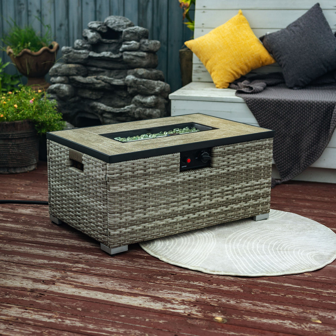 Beige Rattan Fire Pit Table With Tank Holder And Ceramic Tile Tabletop Beige Ceramic Tile Iron,Rattan Metal