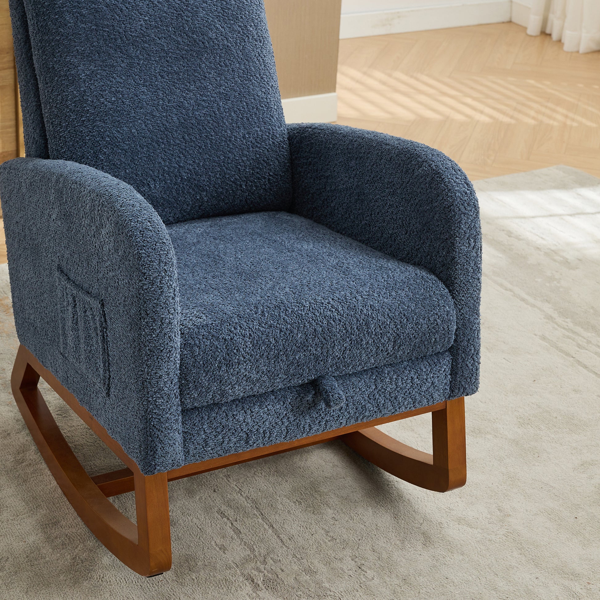 25.4"W Rocking Chair For Nursery, High Back Glider Chair With Retractable Footrest, Side Pocket, Rocking Accent Armchair With Rubber Wood Legs For Living Room Bedroom.Navy Navy Boucle