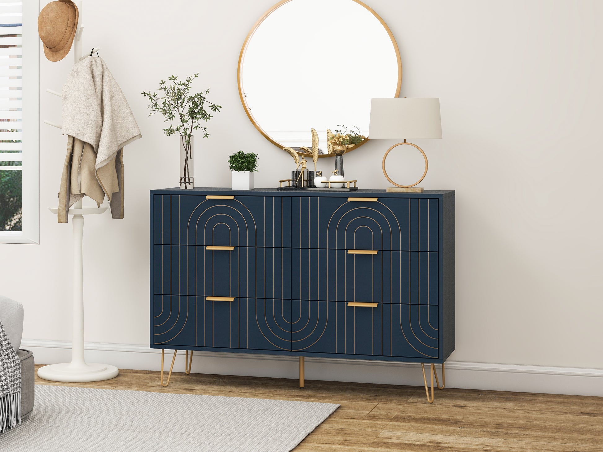 Modern 6 Drawer Dresser, Modern Dresser With Metal Handles, Storage Chest Of Drawer, Wide Dresser Drawer Organizers With Carving Design For Bedroom, Living Room, Hallway 5 Or More Drawers Dark Blue Modern Particle Board Mdf