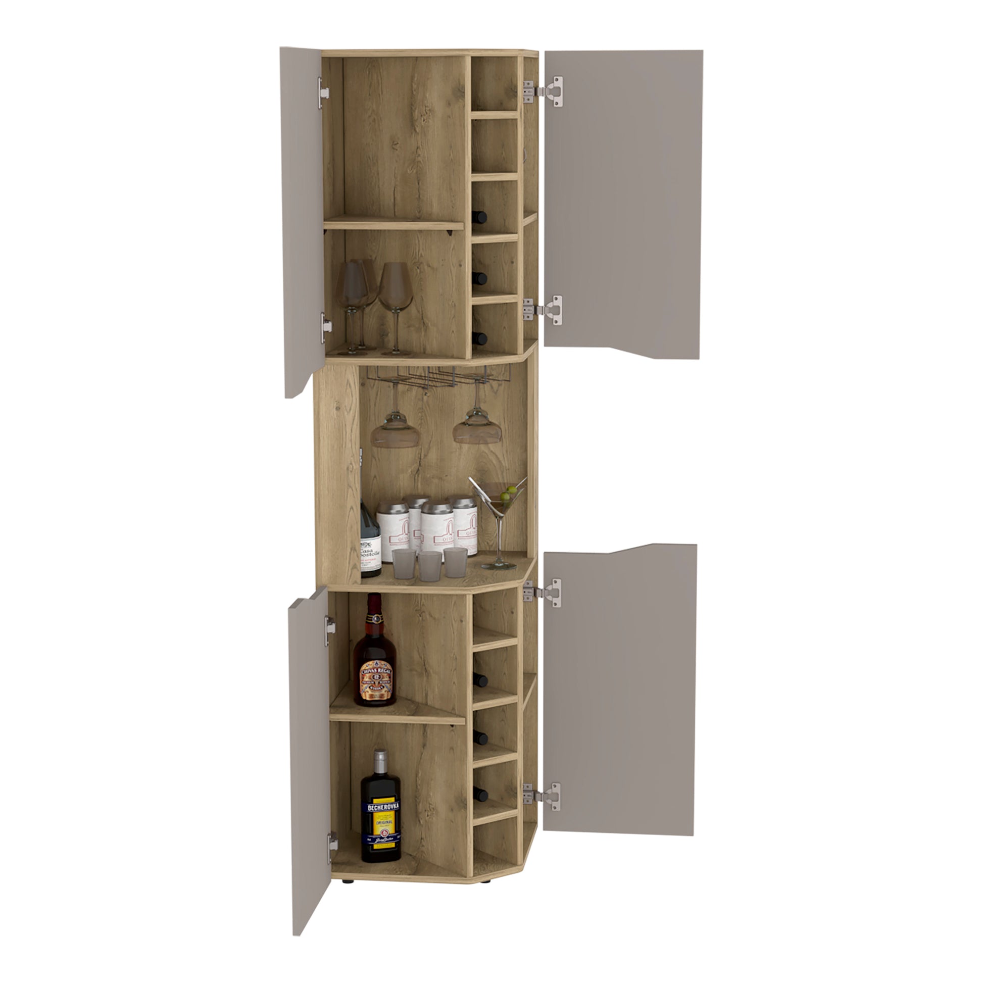 Obregon Corner Bar Cabinet, Ten Built In Wine Rack, Single Door Macadamia Taupe Taupe Natural Kitchen Modern Particle Board