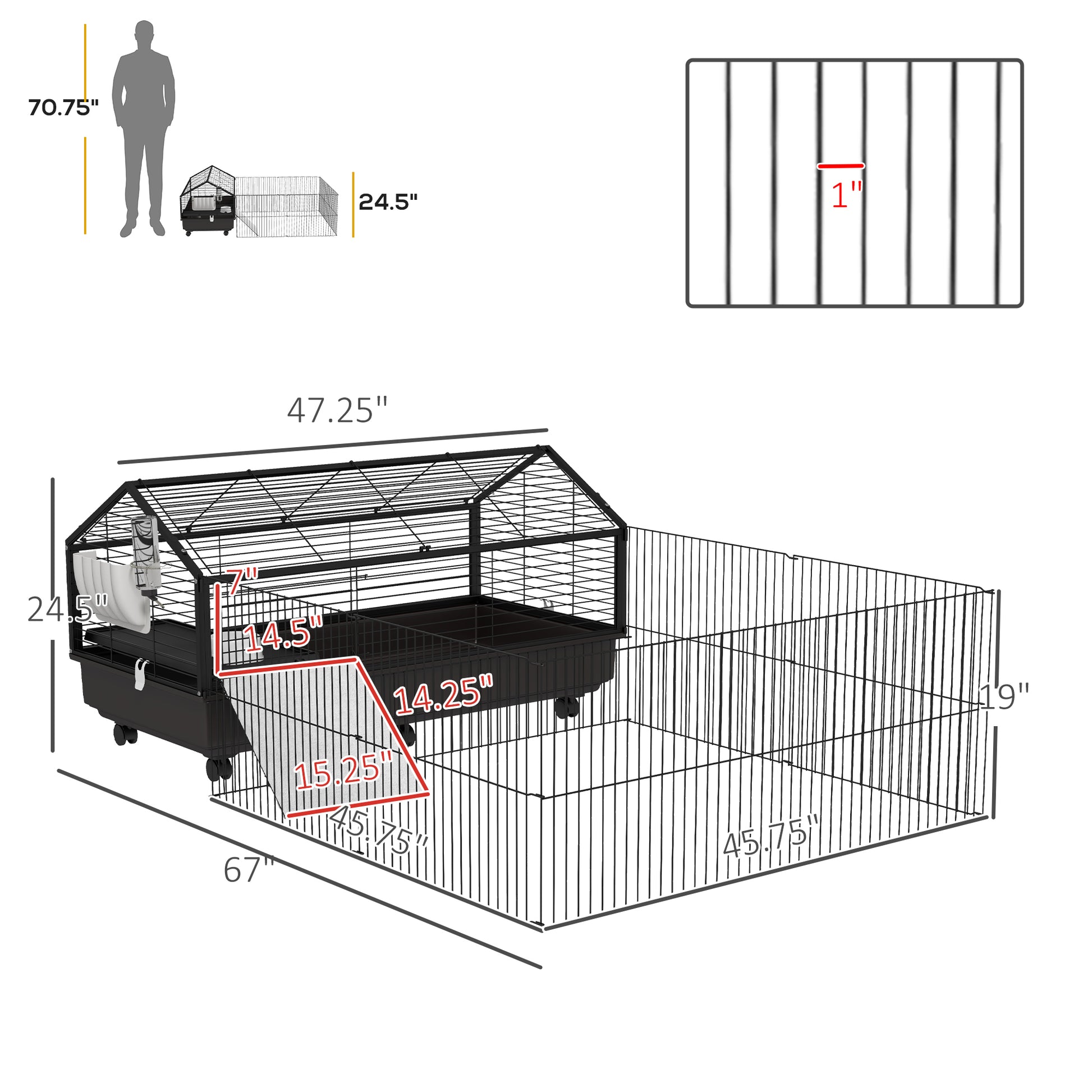 Pawhut Small Animal Cage With Foldable Run Area, Rolling Bunny Cage, Guinea Pig Cage, Hedgehog Cage With Water Bottle, Water Bowl, And Ramps, 46.5" Black Steel