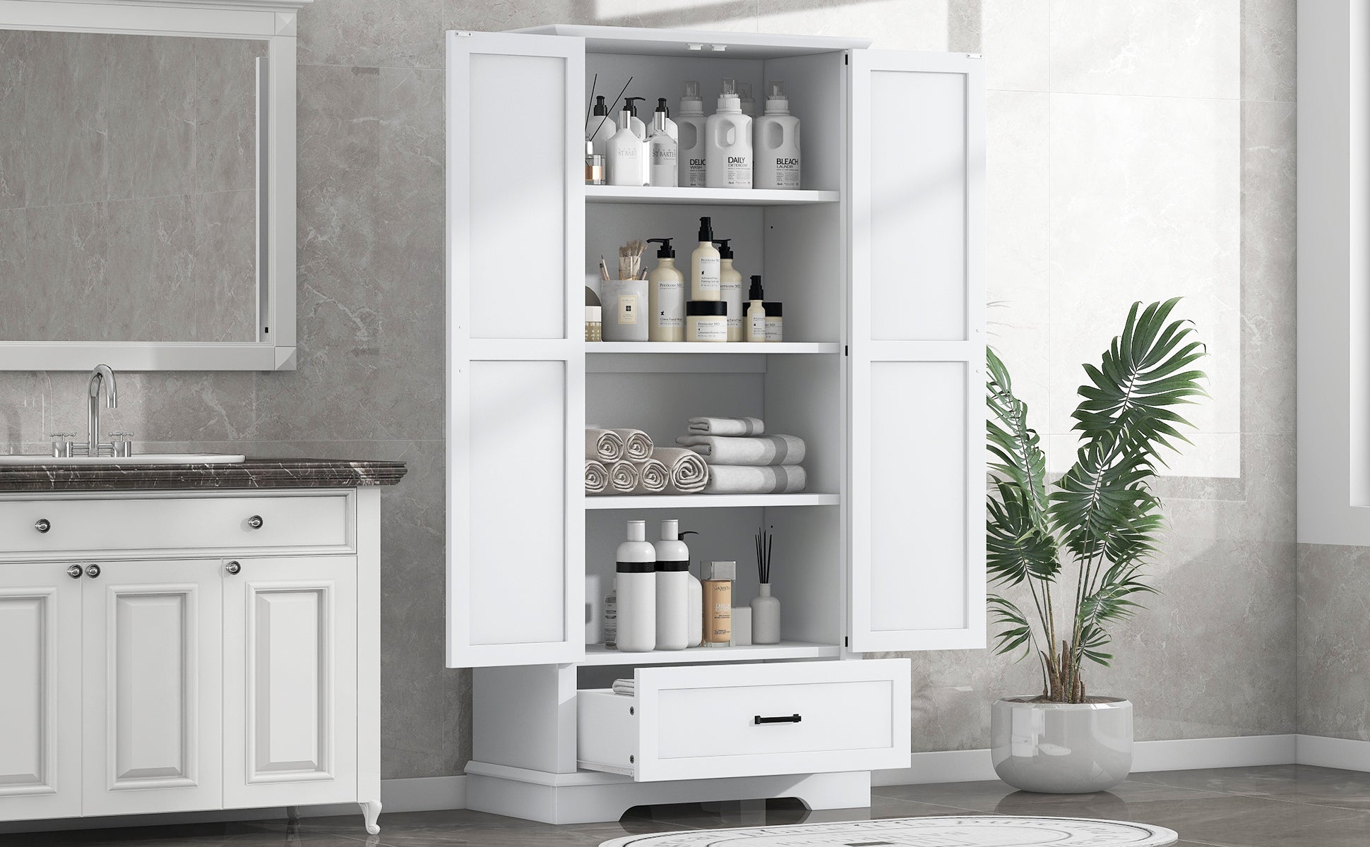 Tall Bathroom Storage Cabinet, Cabinet With Two Doors And One Drawer, Adjustable Shelf, Mdf Board, White White Mdf