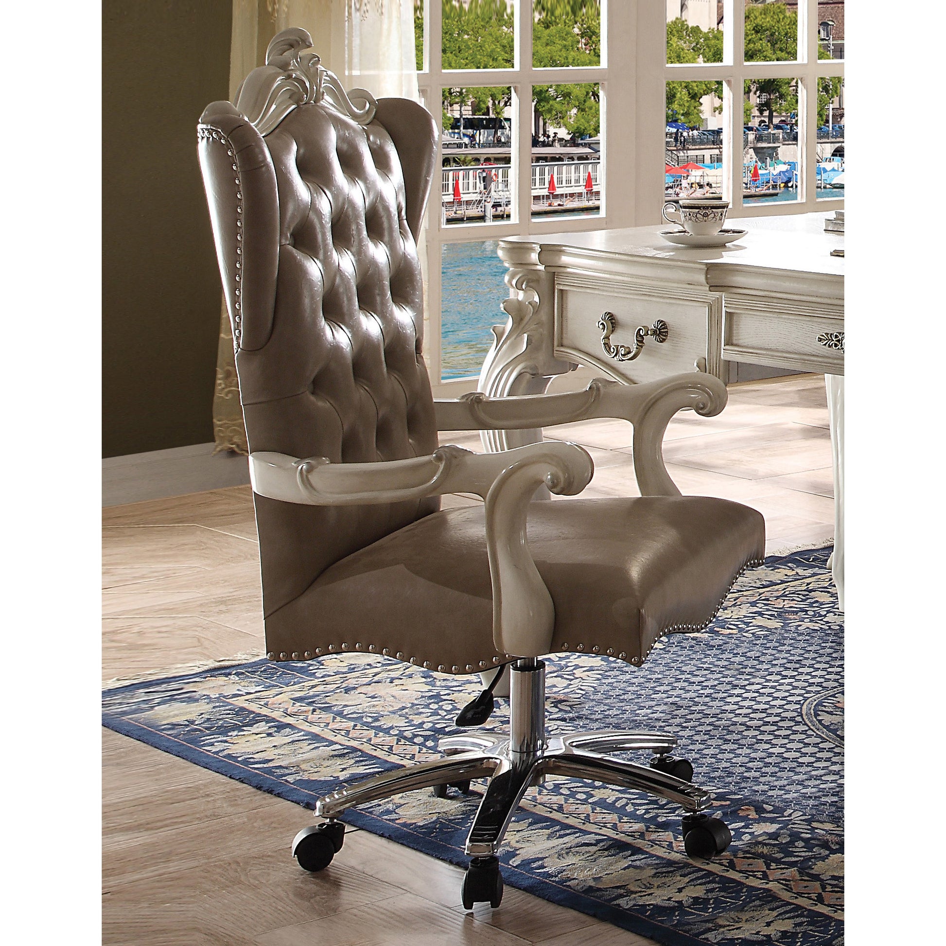 Vintage Grey And Bone White Swivel Chair With Lift Vintage Primary Living Space Vintage Poplar Faux Leather