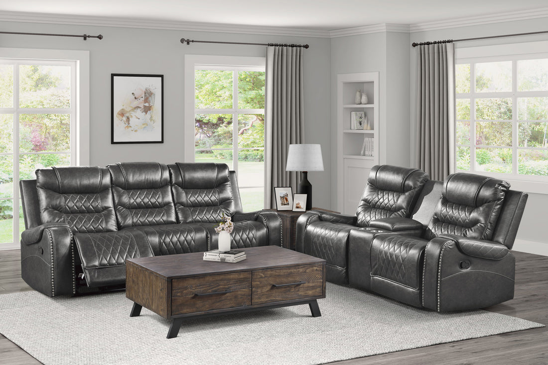 Luxurious Living Room Furniture 2Pc Reclining Sofa Set Grayfaux Leather Upholstery Center Drop Down Cup Holders, Power Outlets, Usb Ports, Diamond Pattern Stitching Gray Faux Leather Wood Primary Living Space Luxury,Modern Solid Wood 5 Seat