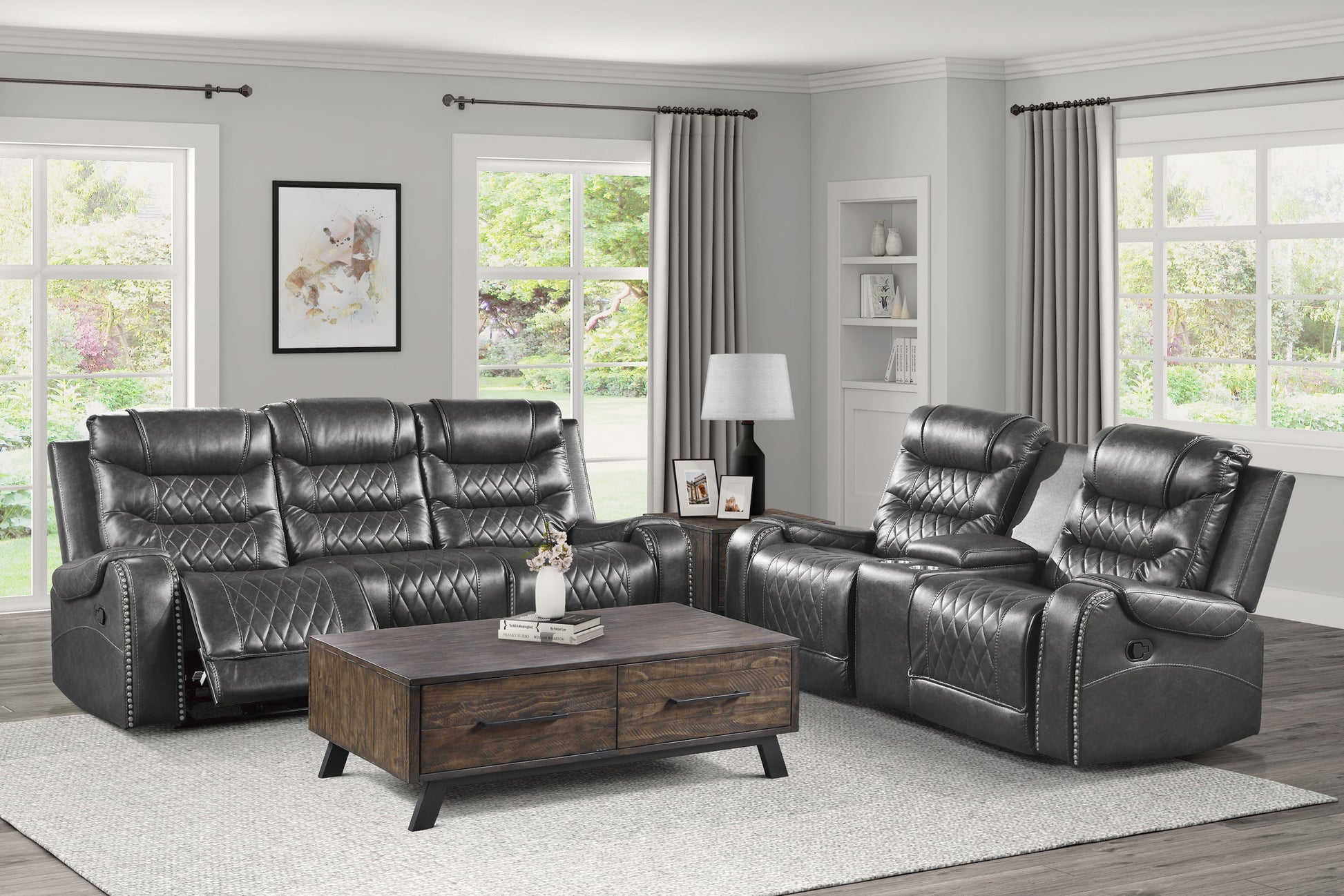 Luxurious Living Room Furniture 1Pc Gray Double Glider Reclining Loveseat With Center Console, Receptacles Usb Ports,Faux Leather Upholstery Diamond Pattern Stitching Gray Faux Leather Wood Primary Living Space Luxury,Modern Solid Wood