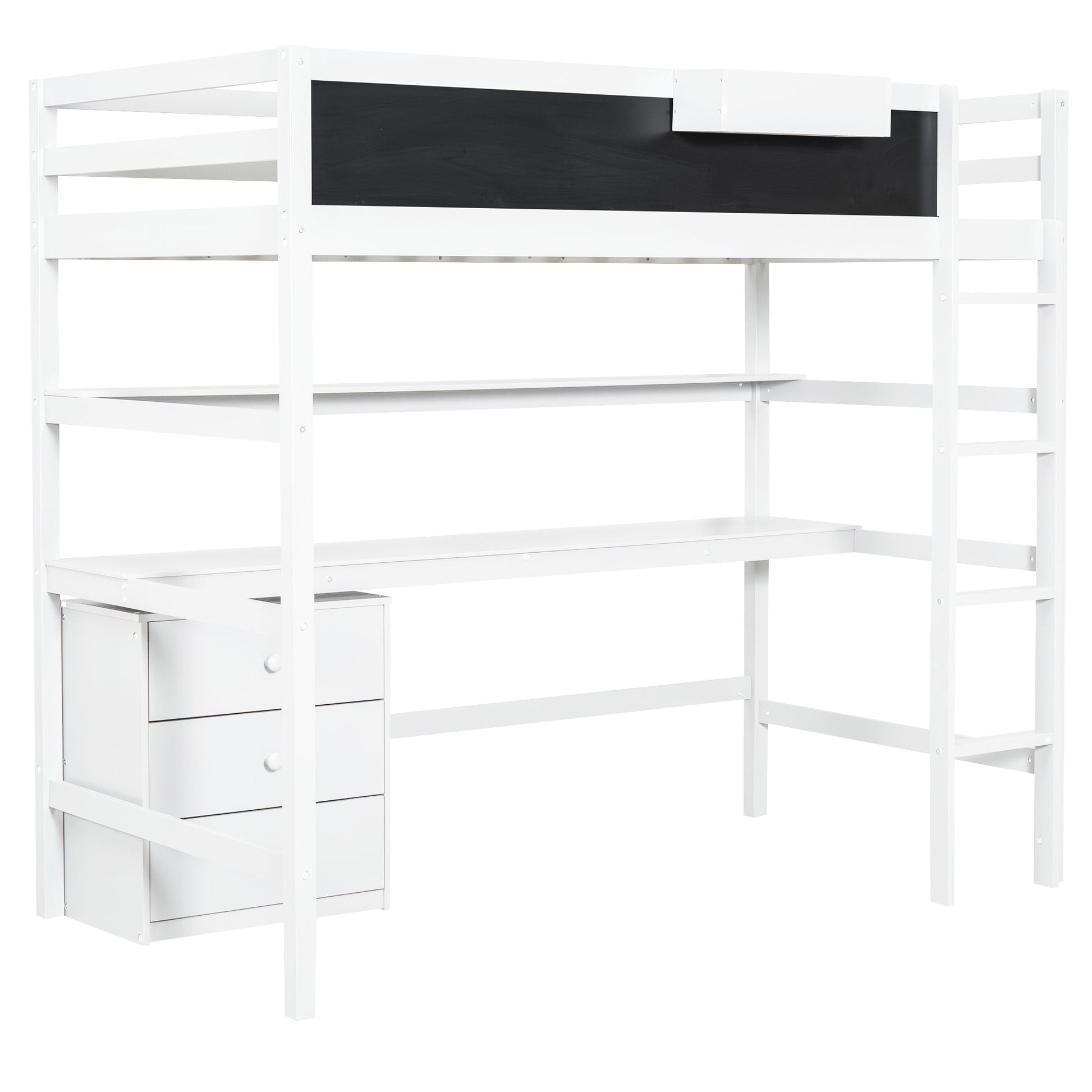 Wood Twin Size Loft Bed With Desk, Blackboard, Storage Box, Shelf And 3 Drawers, White Box Spring Not Required Twin White Wood Solid Wood Mdf