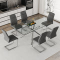 Table And Chair Set.Modern Luxurious Transparent Tempered Glass Dining Table Set With 6 Chairs.Single Fork Silver Metal Table Legs.Dark Gray High Quality Pu Dining Chairs With Silver Metal Legs.