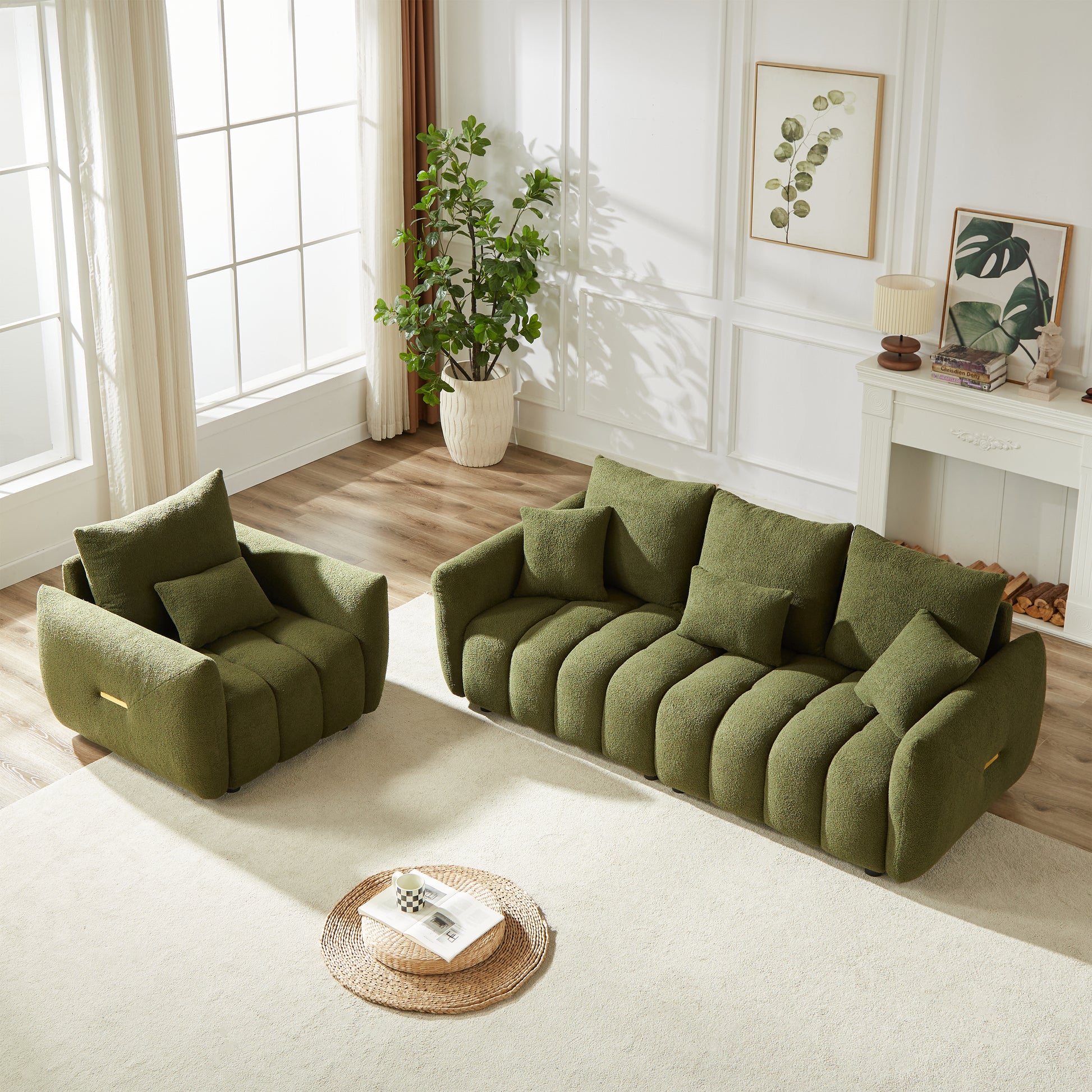 3 Seater 1 Seater Combo Sofa Modern Living Room Sofa, Teddy Sofa, Wooden Frame, 4 Cushions, Apartment Sofa Furniture Green Wood Primary Living Space Pine Foam Fabric 4 Seat