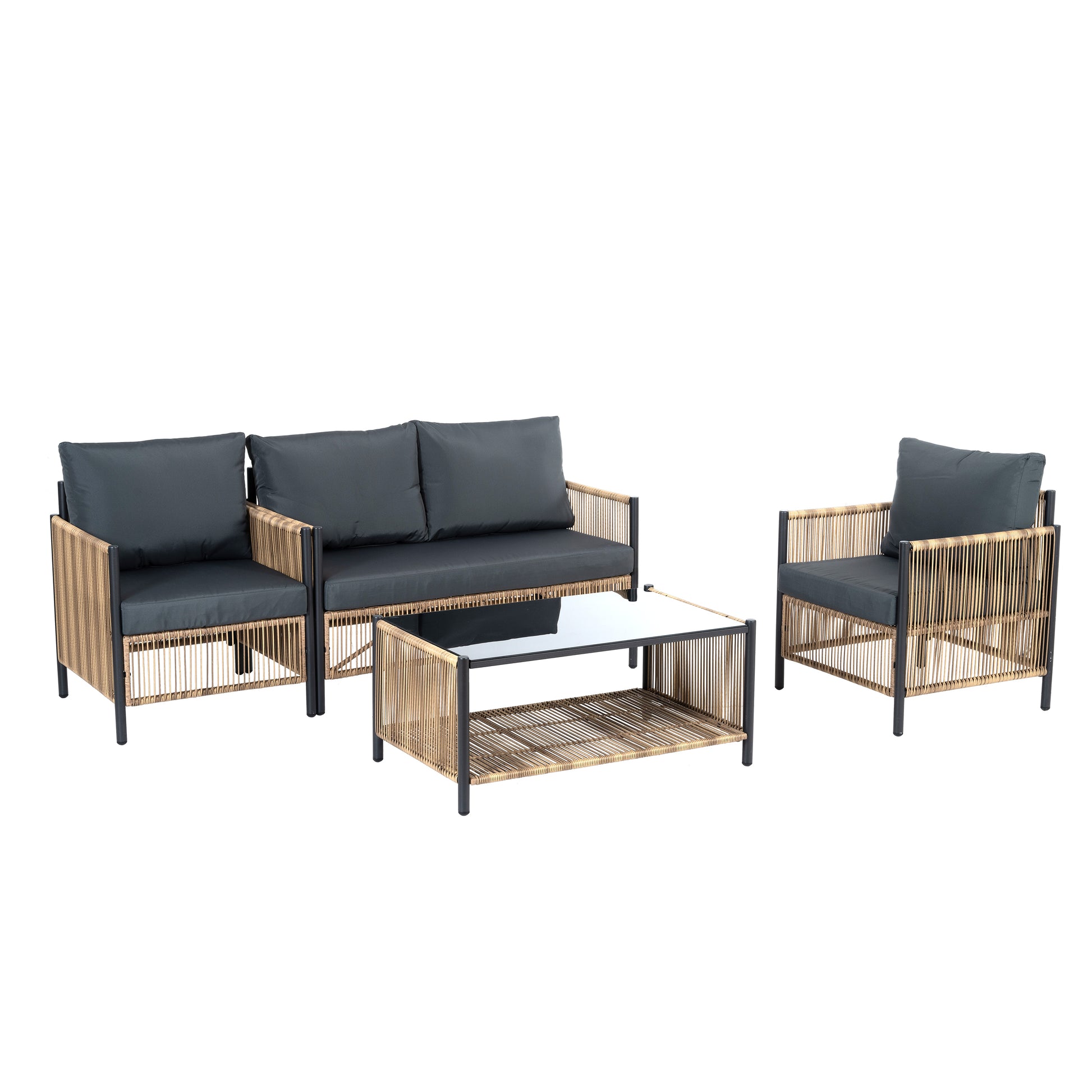 Comming Patio 4 Pieces Brown Pe Wicker Sofa Set With Grey Cushion Yes Complete Patio Set Black Brown Seats 4 Garden & Outdoor Modern Sofa Seating Groups Foam Steel