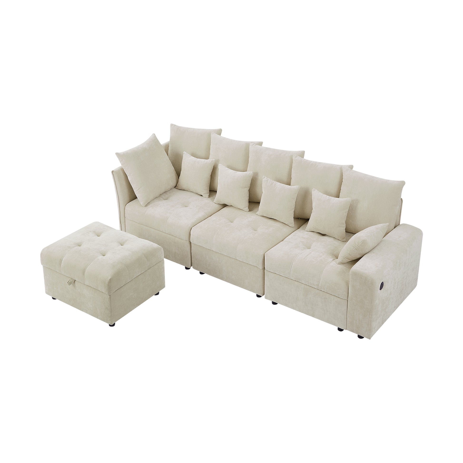 96.45"Sectional Sofa Modular Sofa Couch With Three Usb Ports, A Removable Storage Ottoman And Five Back Pillows For Living Room, Beige Beige Foam Chenille 4 Seat