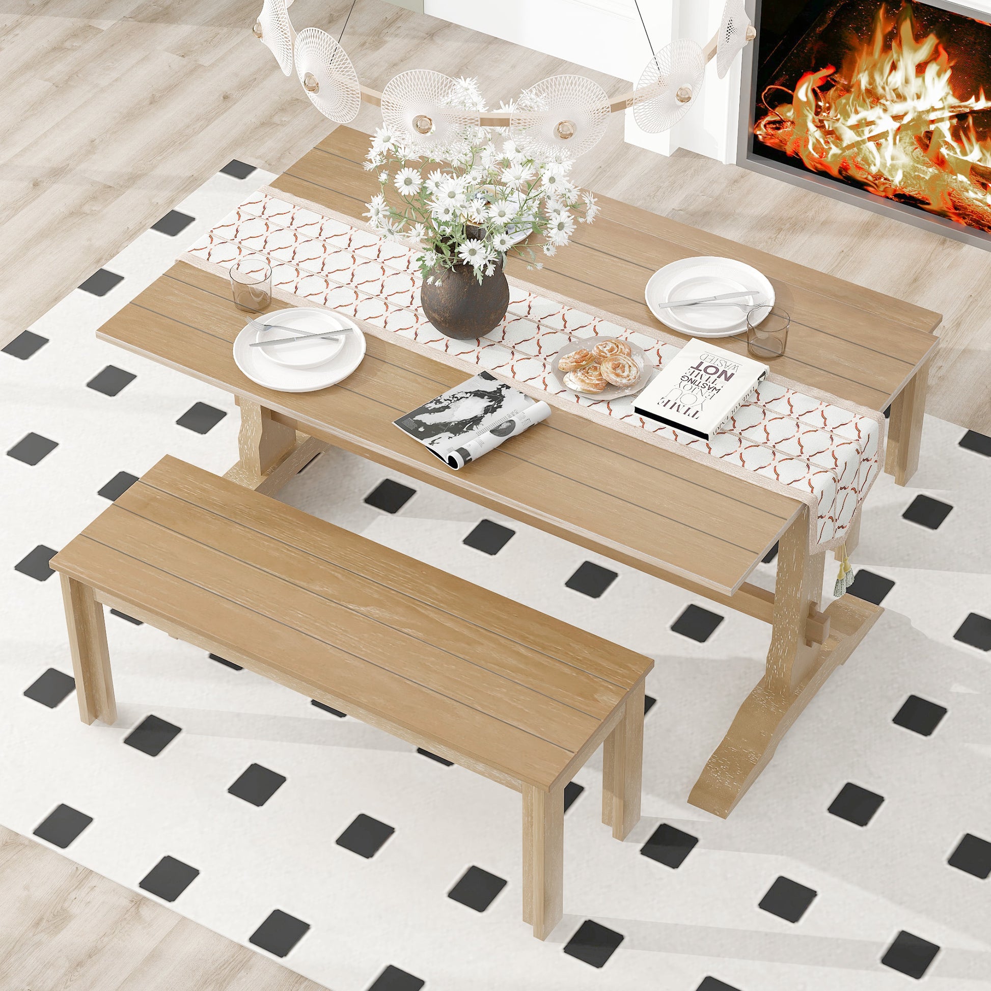 3 Piece Retro Dining Set, Rectangular Trestle Table And 2 Wooden Benches For 4 People For Dining Room And Kitchen Natural Wood Natural Wood Solid Wood Mdf