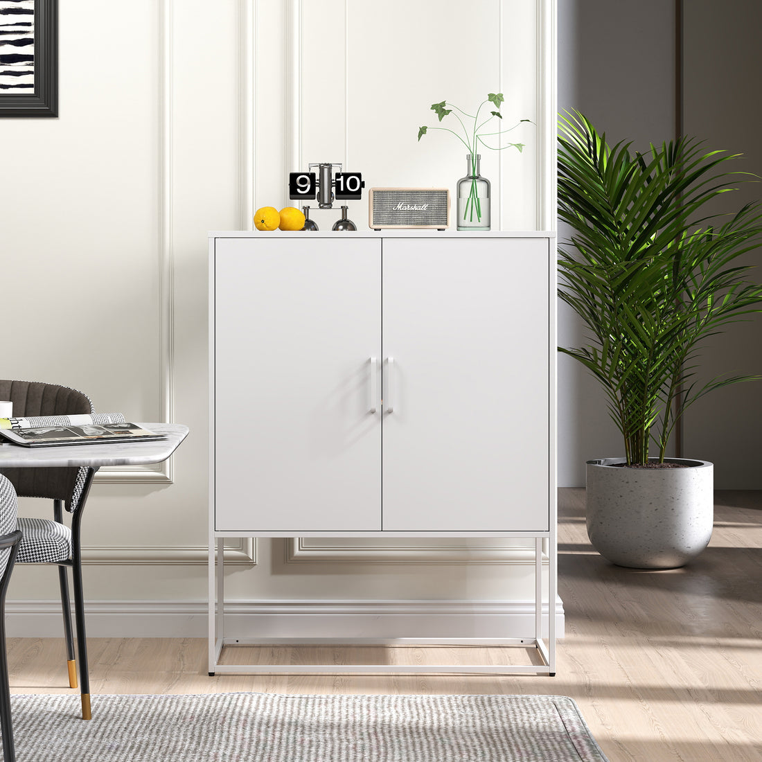 Heavy Duty Metal Buffet Sideboard Modern Steel Storage Cabinet With 2 Shelves, Free Standing Accent Cabinet With Magnetic Doors For Bedroom, Kitchen, And Home Office, Anti Tip Design Easy Assemble Accent Chests 1 2 Shelves Antique White Primary Living