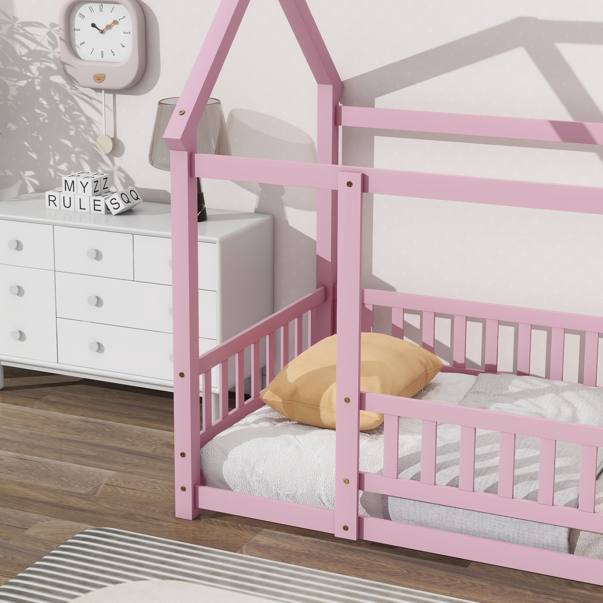 Twin Size Floor Wooden Bed With House Roof Frame, Fence Guardrails,Pink Twin Pink Pine