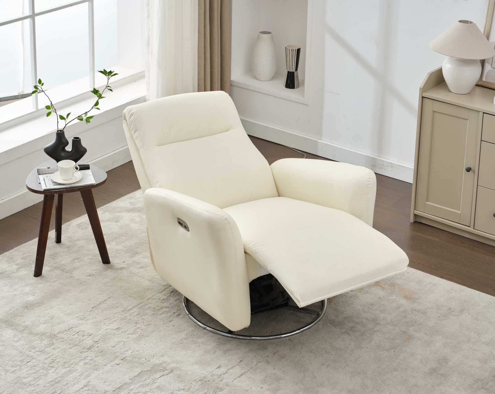 Swivel Glider Recliner Chair, 270 Power Recliner Rocking Chair Nursury Chair For Living Room Bedroom Apartment White Faux Leather