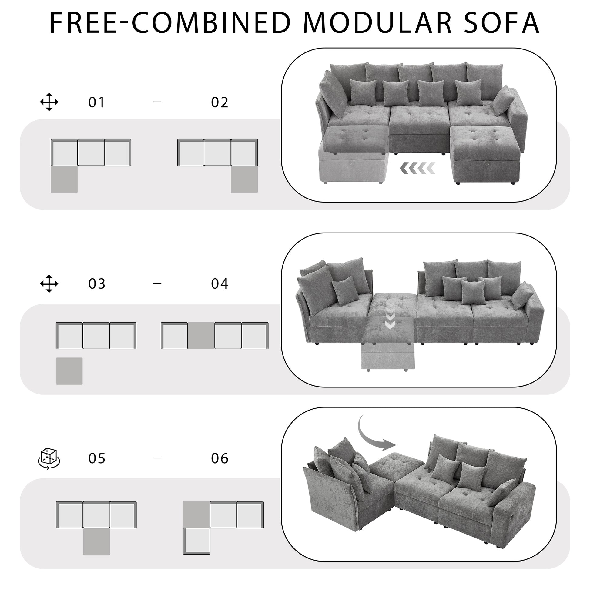 96.45"Sectional Sofa Modular Sofa Couch With Three Usb Ports, A Removable Storage Ottoman And Five Back Pillows For Living Room, Grey Grey Foam Chenille 4 Seat