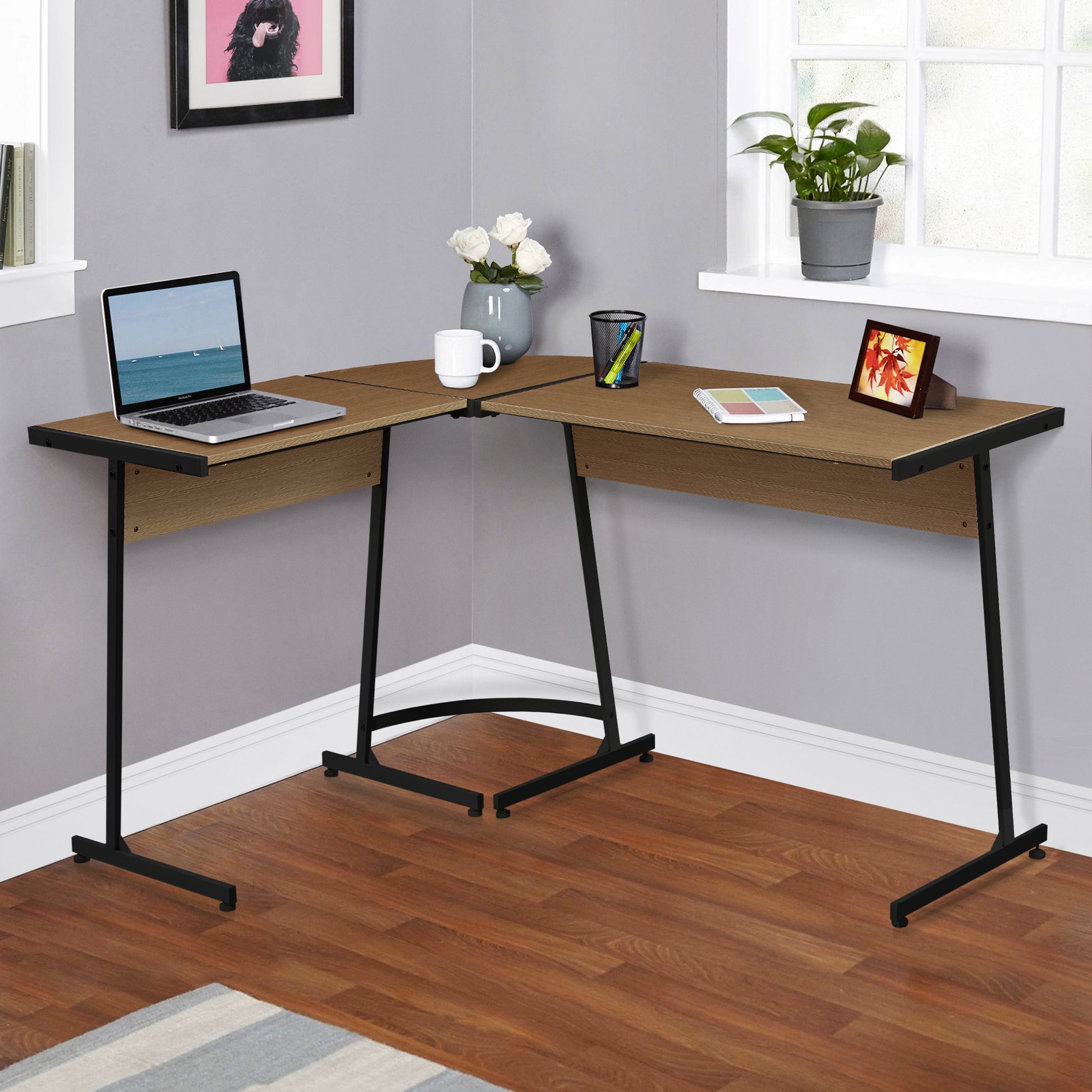 Oak And Black L Shape Computer Desk Black Brown Computer Desk L Shape Desk Wood Metal Sled