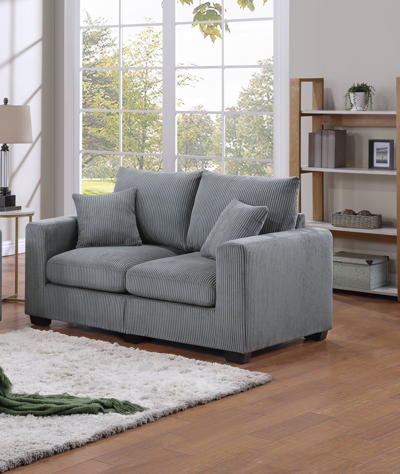 Classic Living Room 2Pc Sofa Set Fog Corduroy Sofa And Loveseat W Pillows Square Arms Plush Couch Fog Primary Living Space Cushion Back Classic,Contemporary,Modern Rubberwood Square Arms Corduroy 4 Seat