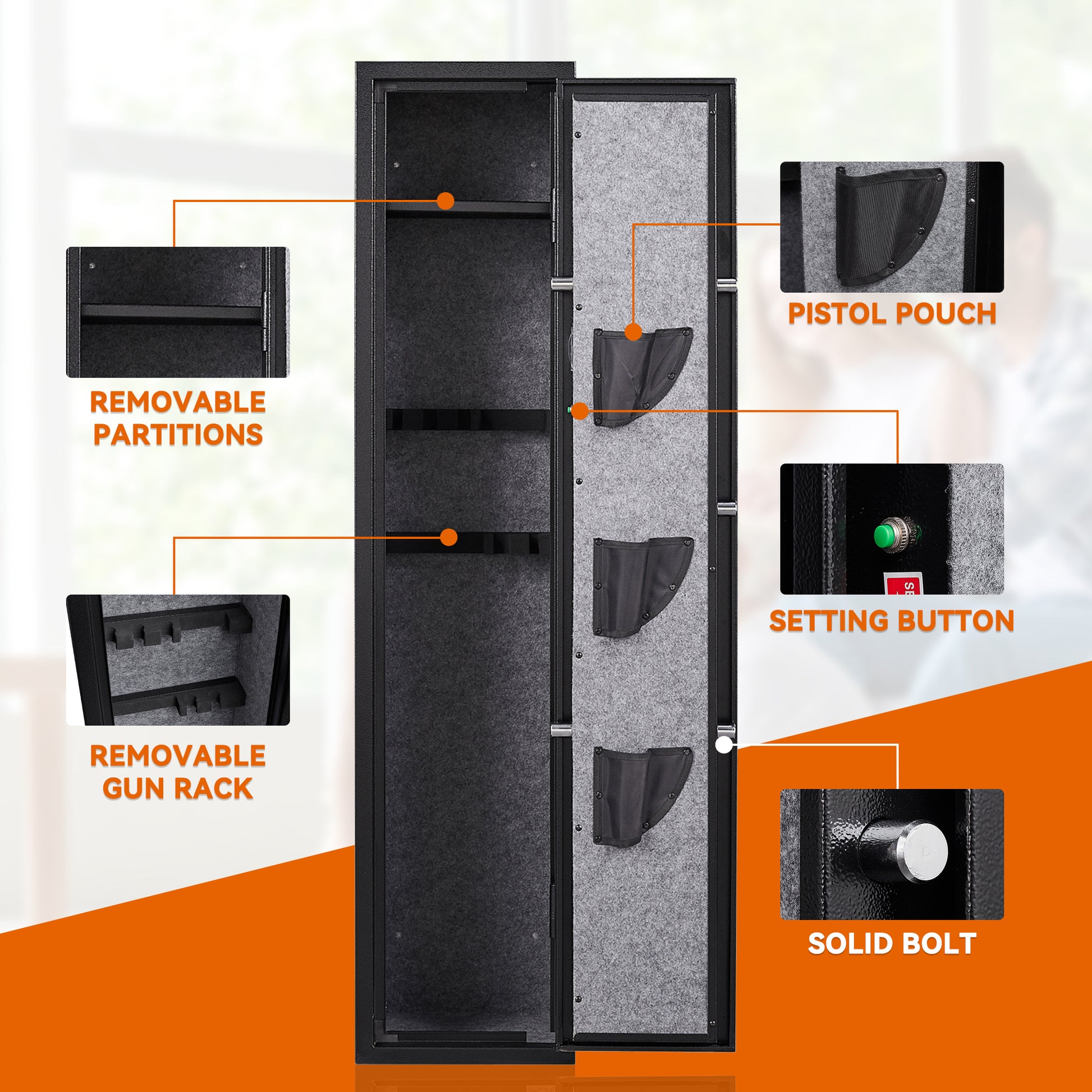 3 5 Safes For Home Rifle And Pistols, Quick Access Safes For Shots, Cabinets With Adjustable Rack, Pockets And Removable Shelf,External Battery Cases And Alarm System Black Steel