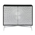 44 Inch 2 Door Accent Cabinet Console, Steel Legs, Silver Medallion, Black Black And Silver Metal