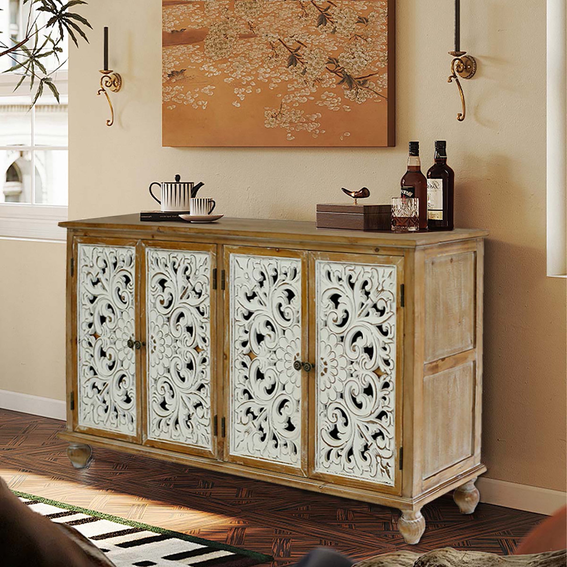 Accent Cabinet With 4 Doors, Farmhouse Sideboard Buffet Cabinet With Storage, Modern Credenza Storage Cabinet With Wood Carved Floral Doors For Living Room, Dining Room, Entryway, Hallway, Kitchen