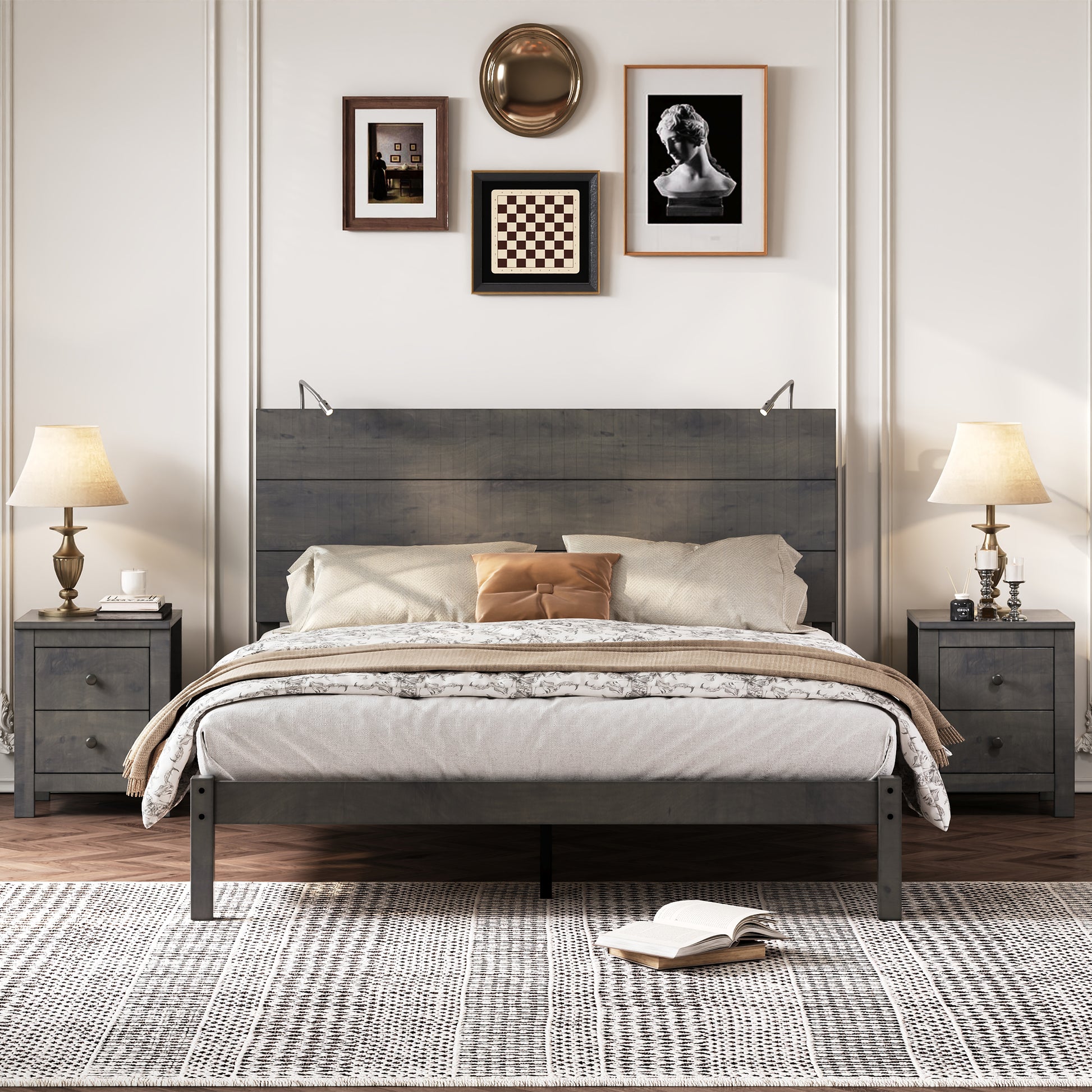 3 Pieces Bedroom Sets, Queen Size Farmhouse Platform Bed With Two Bedside Lights, 2 Drawer Nightstand, Antique Gray Queen Antique Gray 3 Piece Set Wood