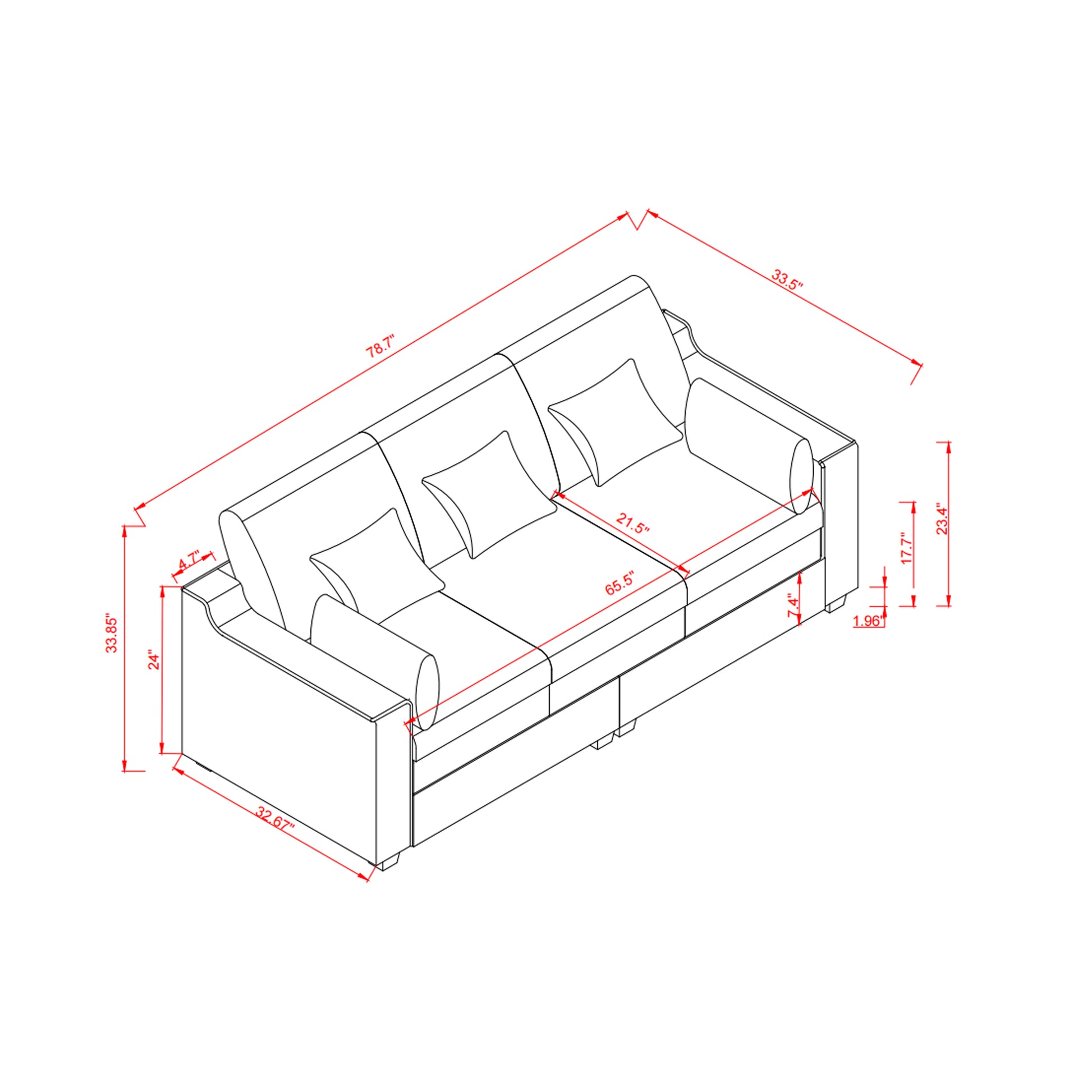 78.7" Sofa Couch 3 Seater Sofa With Pillows Polyester Upholstery Duck Down Filled Cushion Sofa For Living Room Apartment,Grey Grey Polyester Wood Primary Living Space Soft Cushion Back Foam Polyester 3 Seat